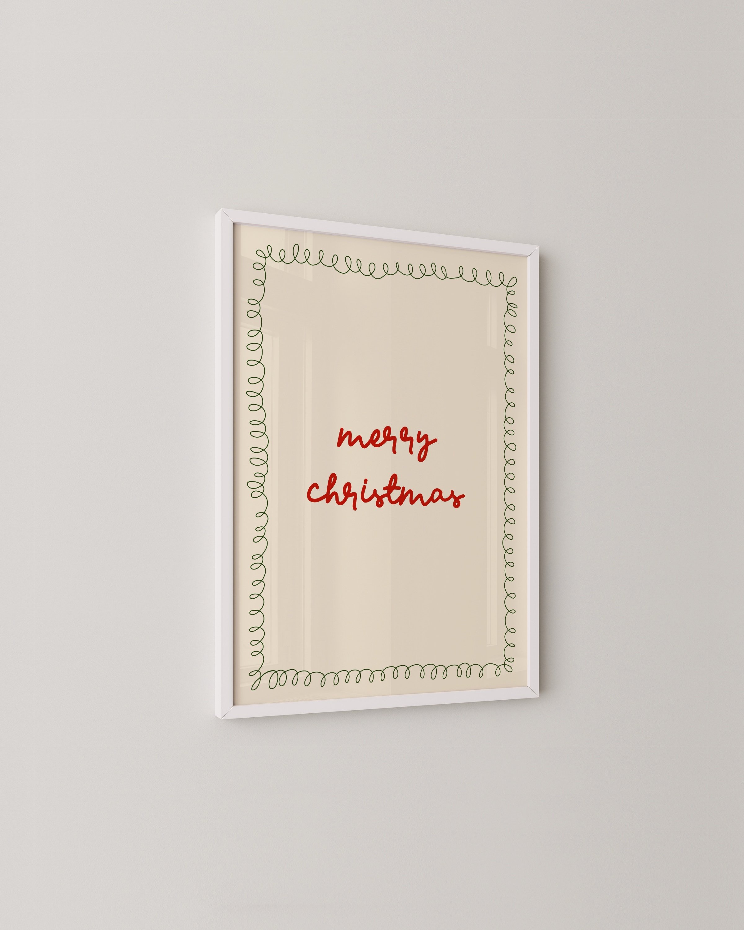 Minimalist Christmas printable art with red ‘Merry Christmas’ text in a handwritten style, framed by a green squiggle border on a beige background.