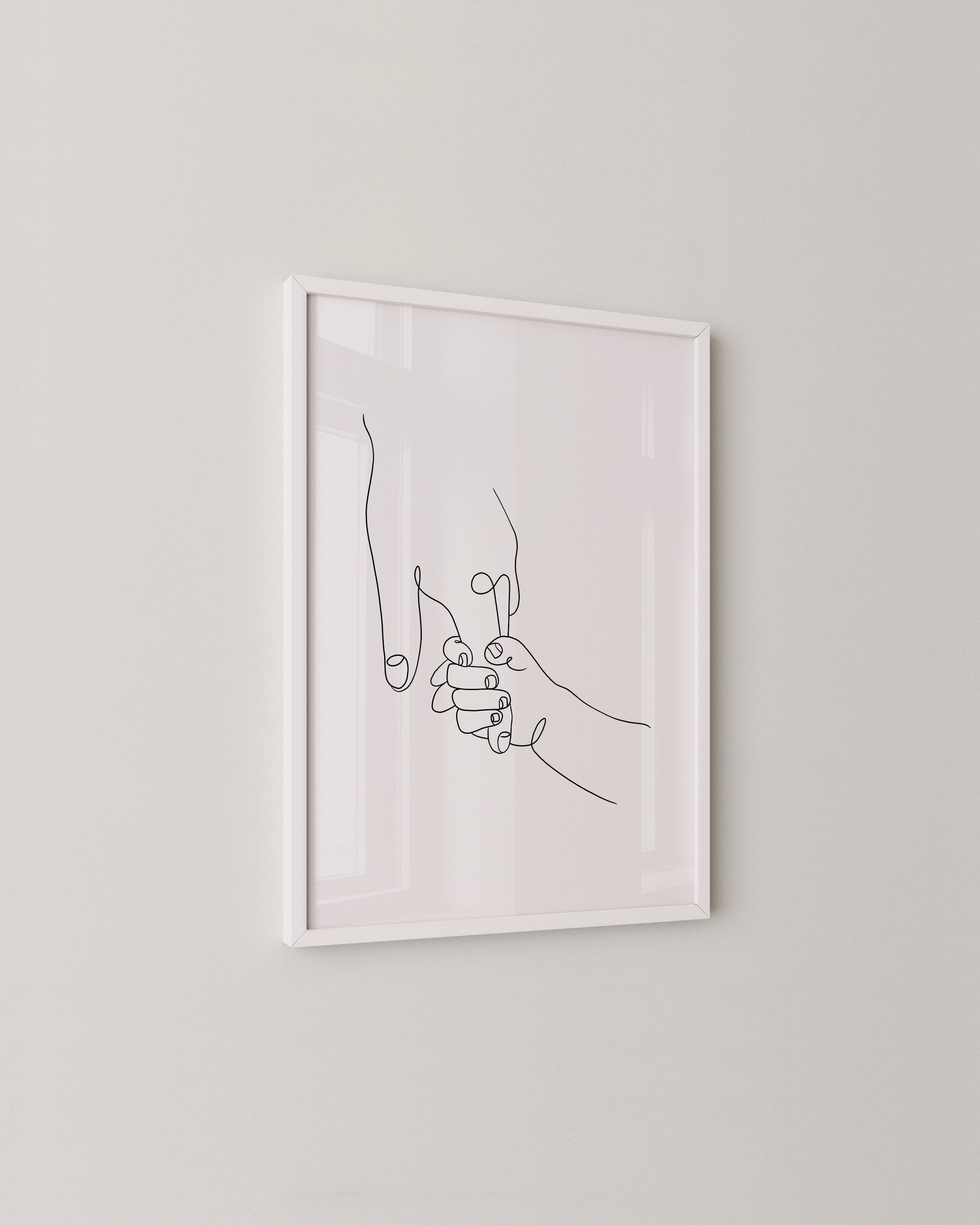Minimalist line art of a child holding an adult’s finger, symbolizing family connection and love.