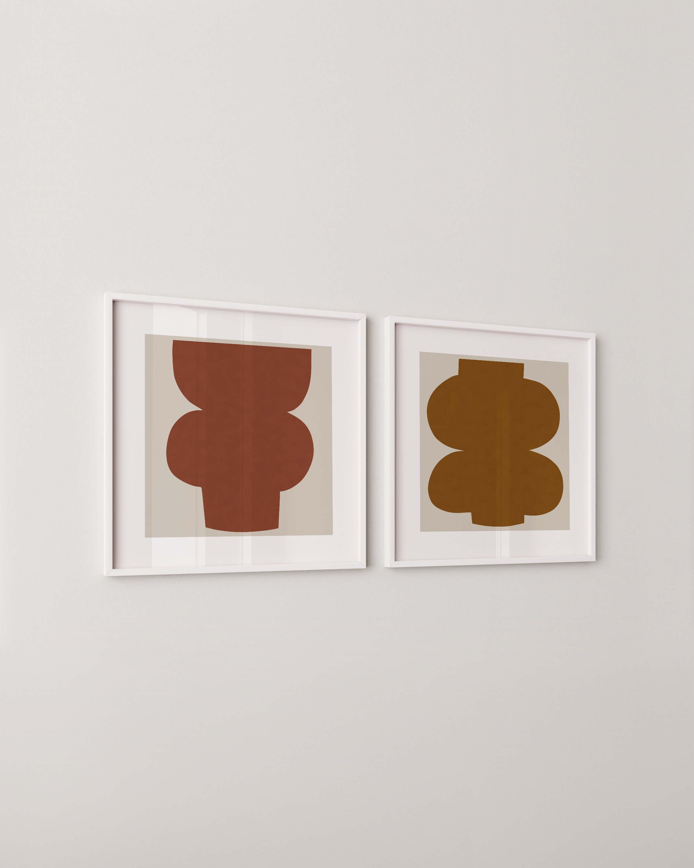 Two printable art prints featuring abstract geometric shapes in warm brown and terracotta colors on a neutral background.
