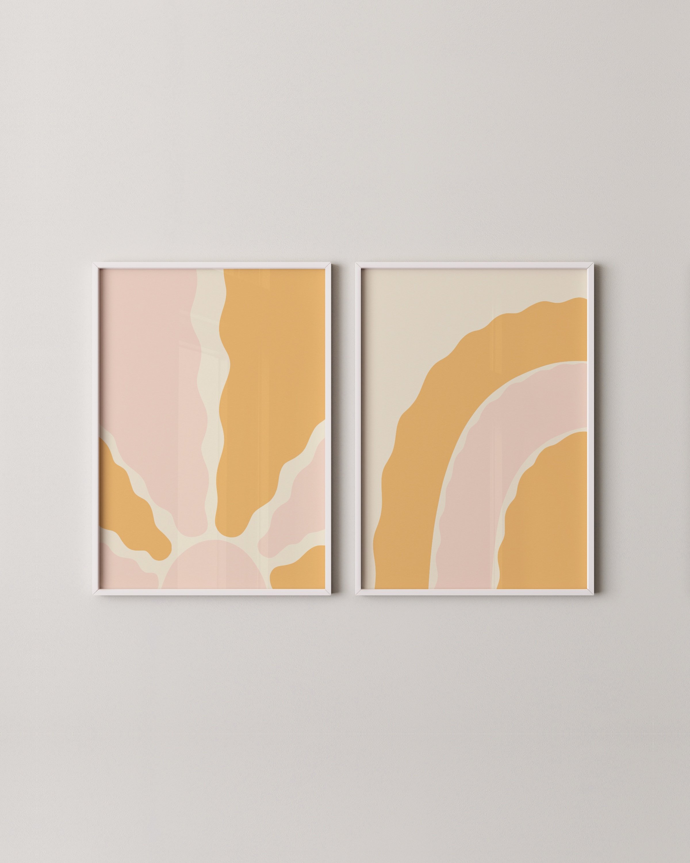 Two-piece art set featuring abstract sunshine and rainbow designs in warm yellow and blush tones, perfect for boho and minimalist decor.