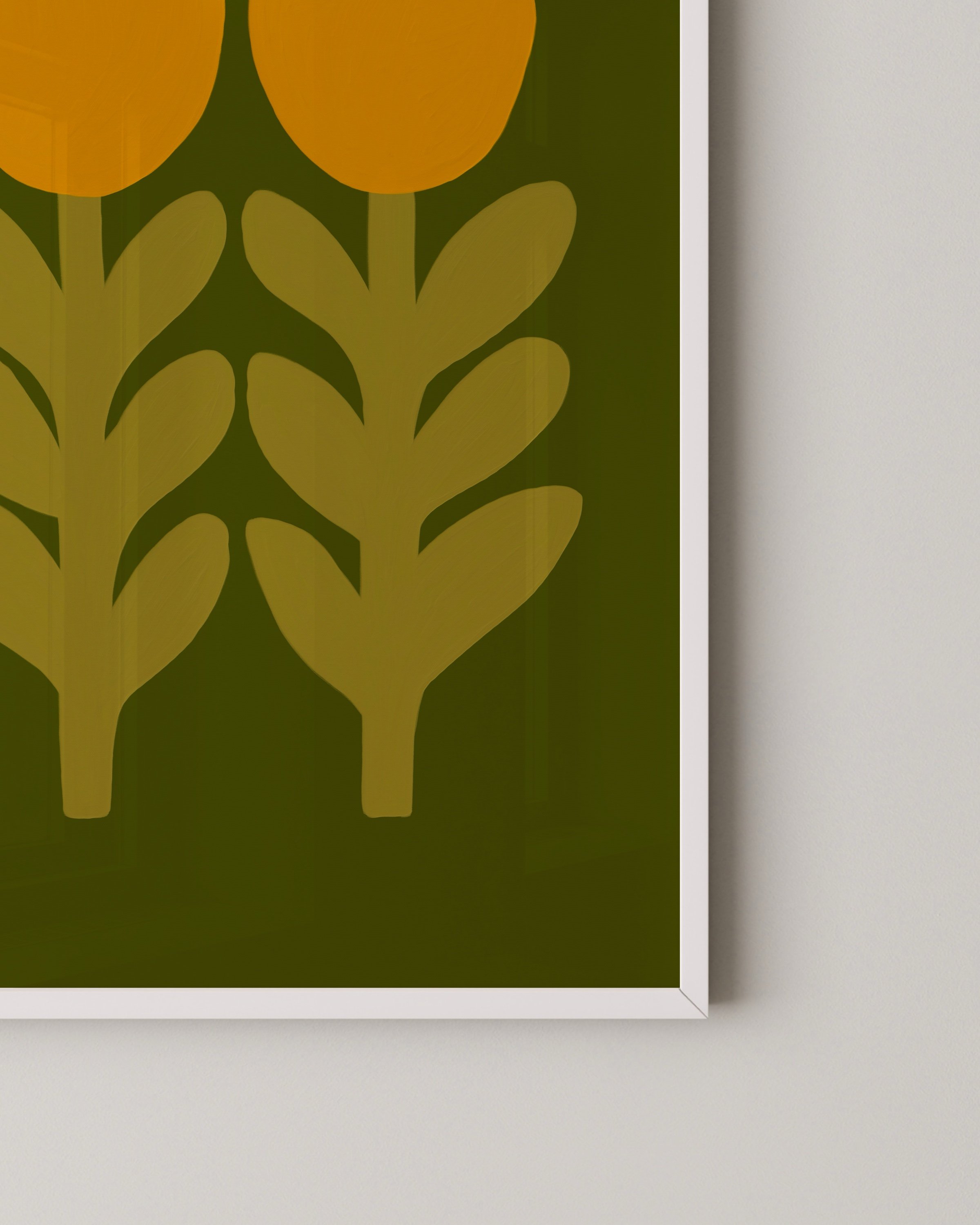 Print of two stylized mustard yellow tulips with leafy stems on an olive green background.