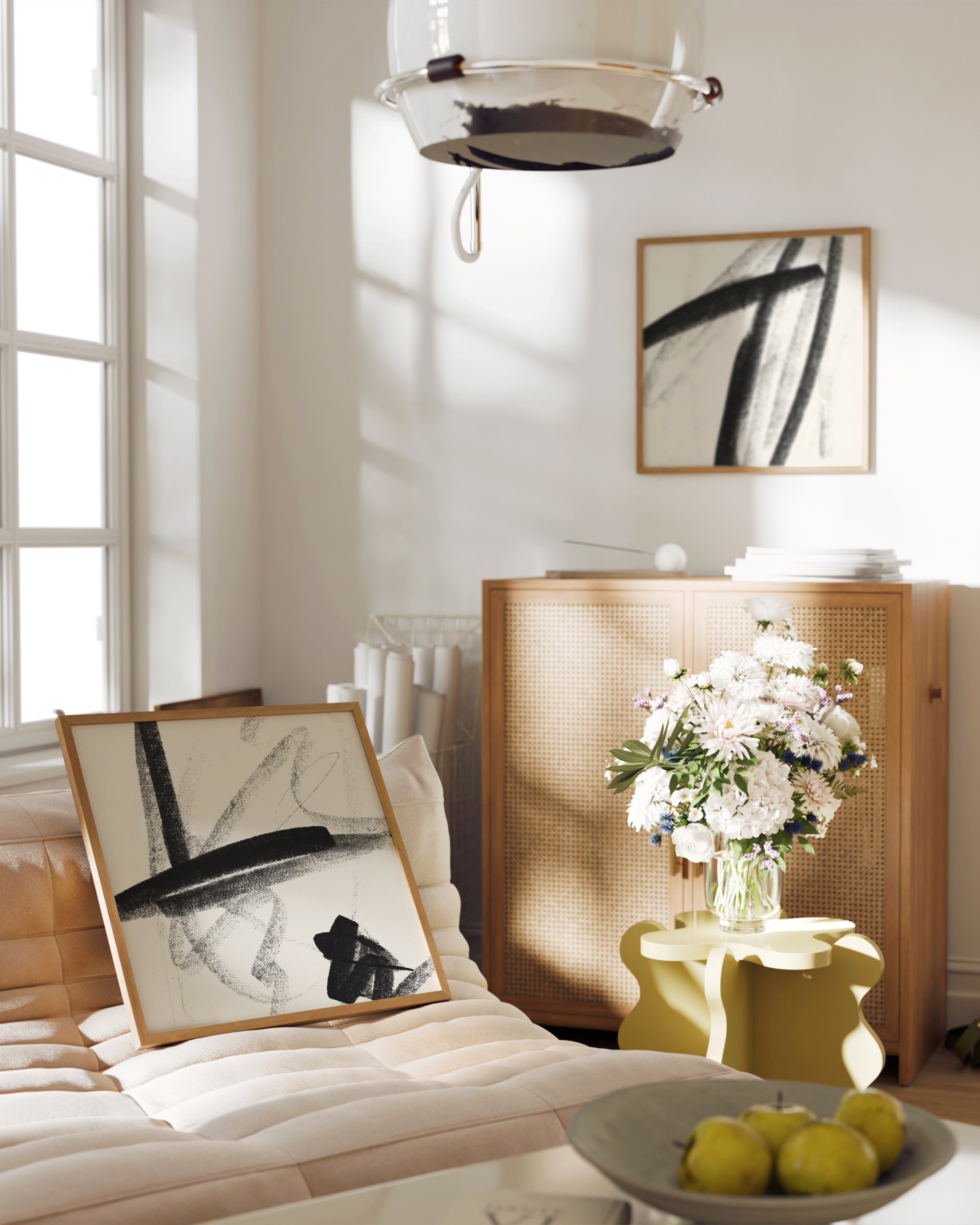 Set of two black and beige abstract brushstroke prints for modern minimalist decor.