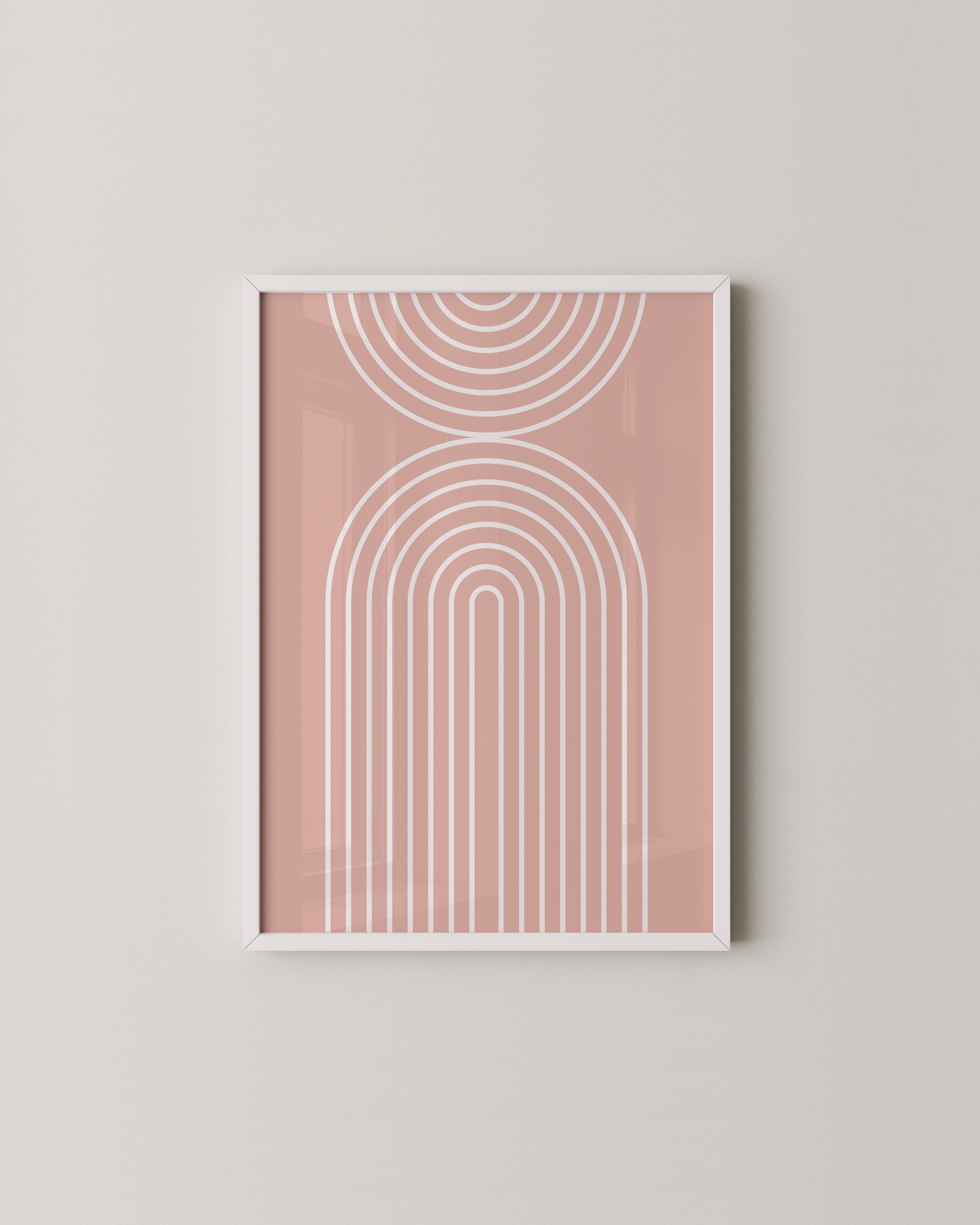 Minimalist geometric rainbow art print featuring soft, neutral arches arranged in a symmetrical pattern.