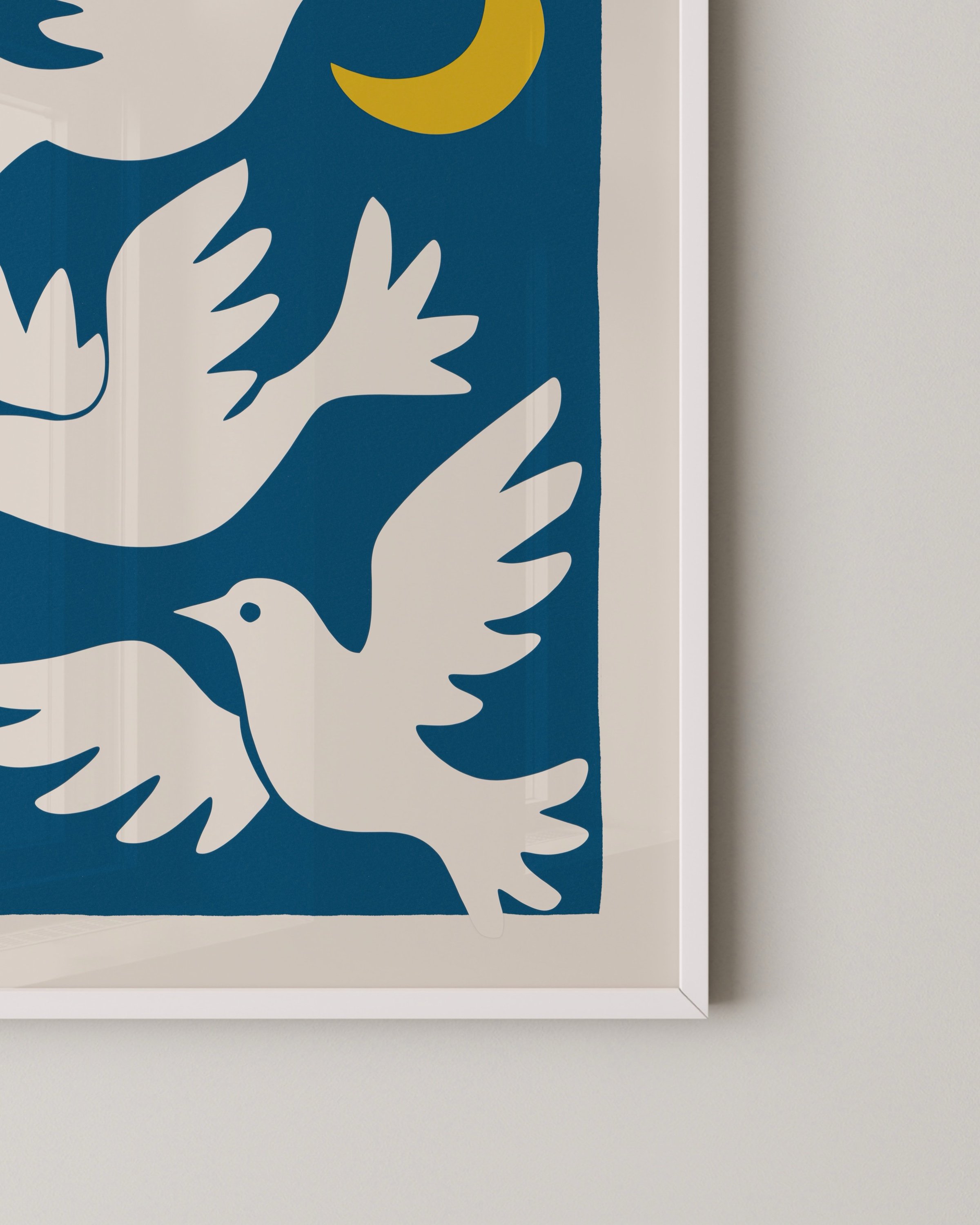 featuring three white doves flying around a yellow crescent moon on a bold blue background.