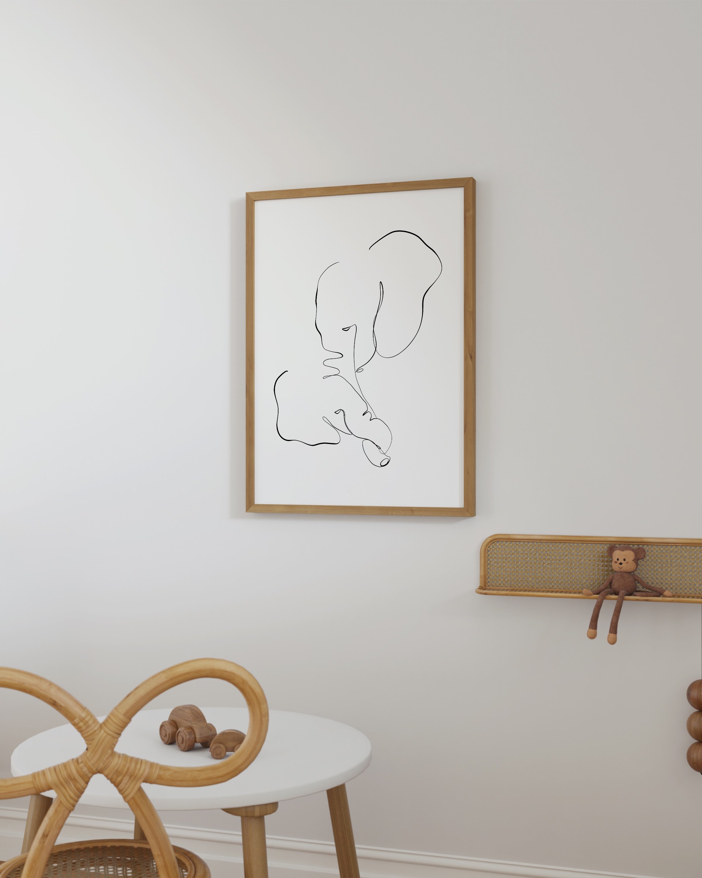 Minimalist line art drawing of an elephant, designed for children’s rooms or nurseries, on a clean white background.