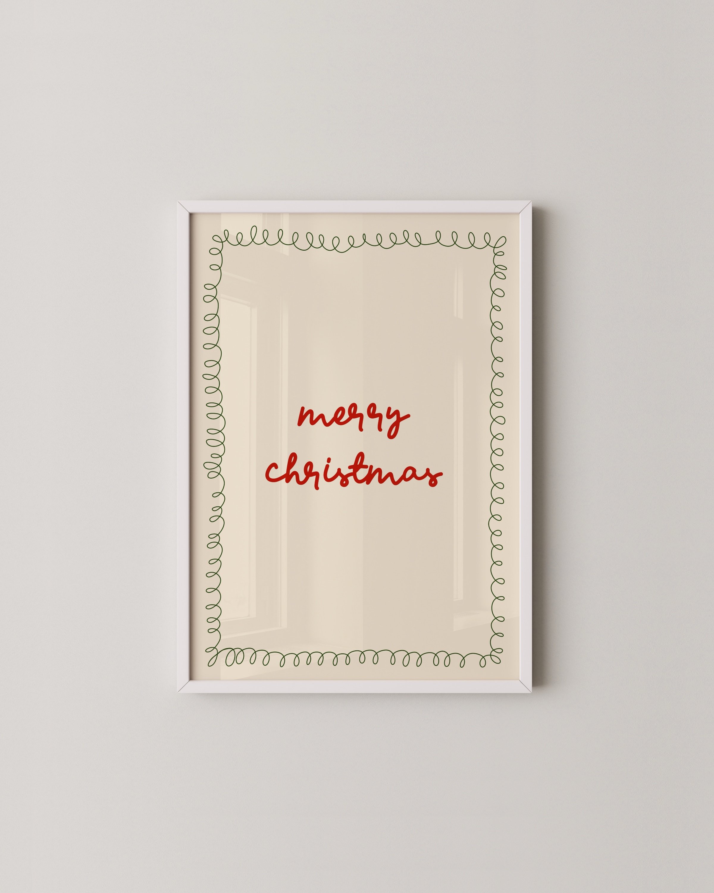 Set of three Christmas wall art prints with red typography reading “Ho Ho Ho,” “Merry Christmas,” and “Fa La La,” bordered by green doodles.