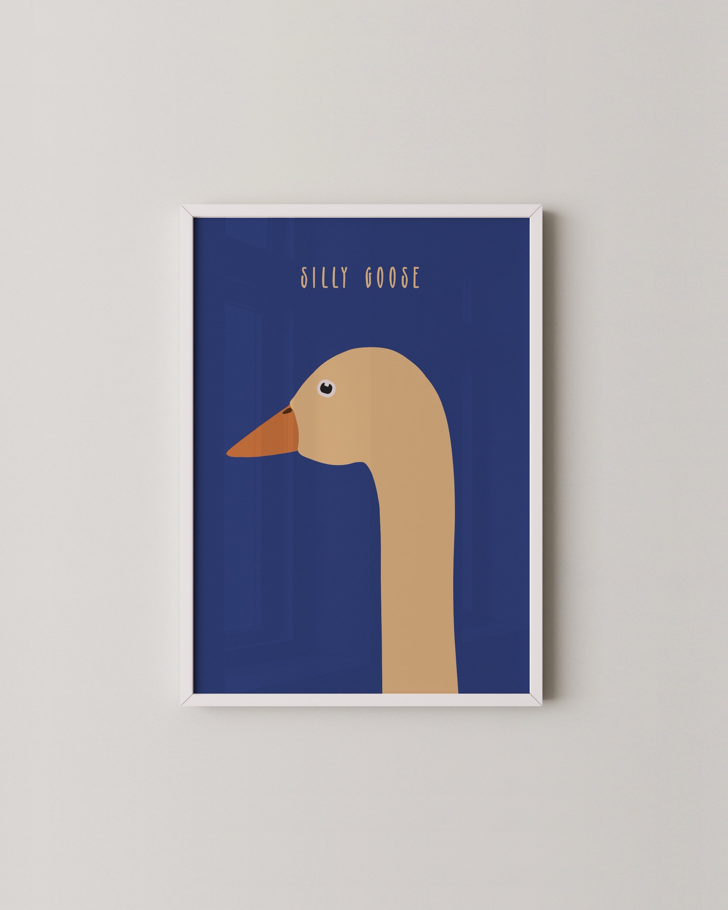 Printable wall art featuring a minimalist goose illustration on a bold blue background with the text ‘Silly Goose’ in an elegant font.