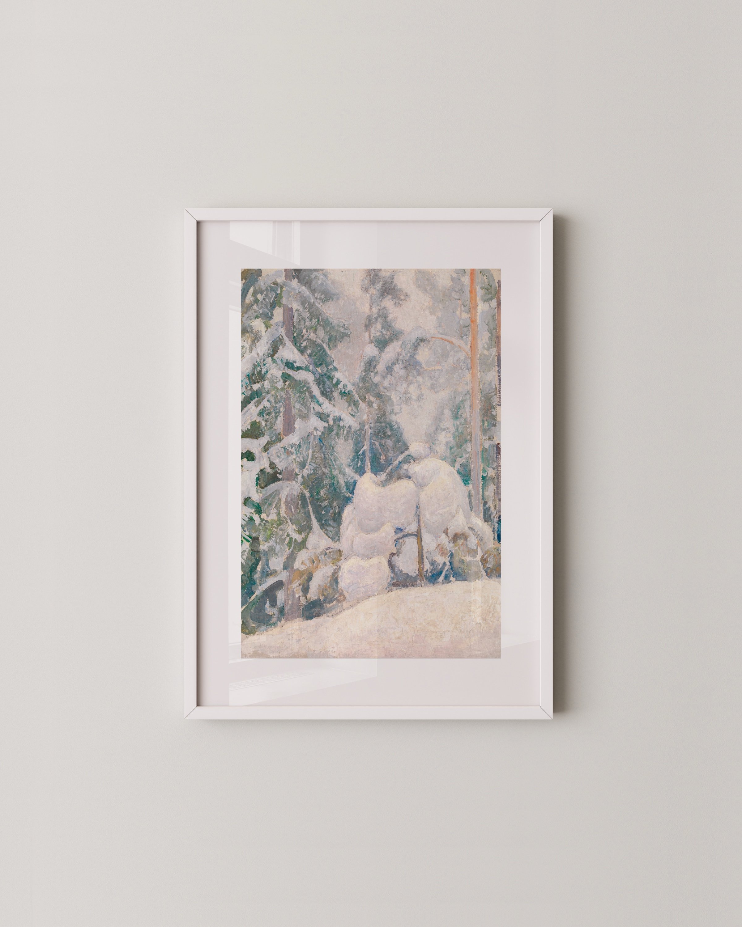 A two-piece winter wall art set featuring snowy forest landscapes in soft pastel tones, displayed in minimalist white frames.