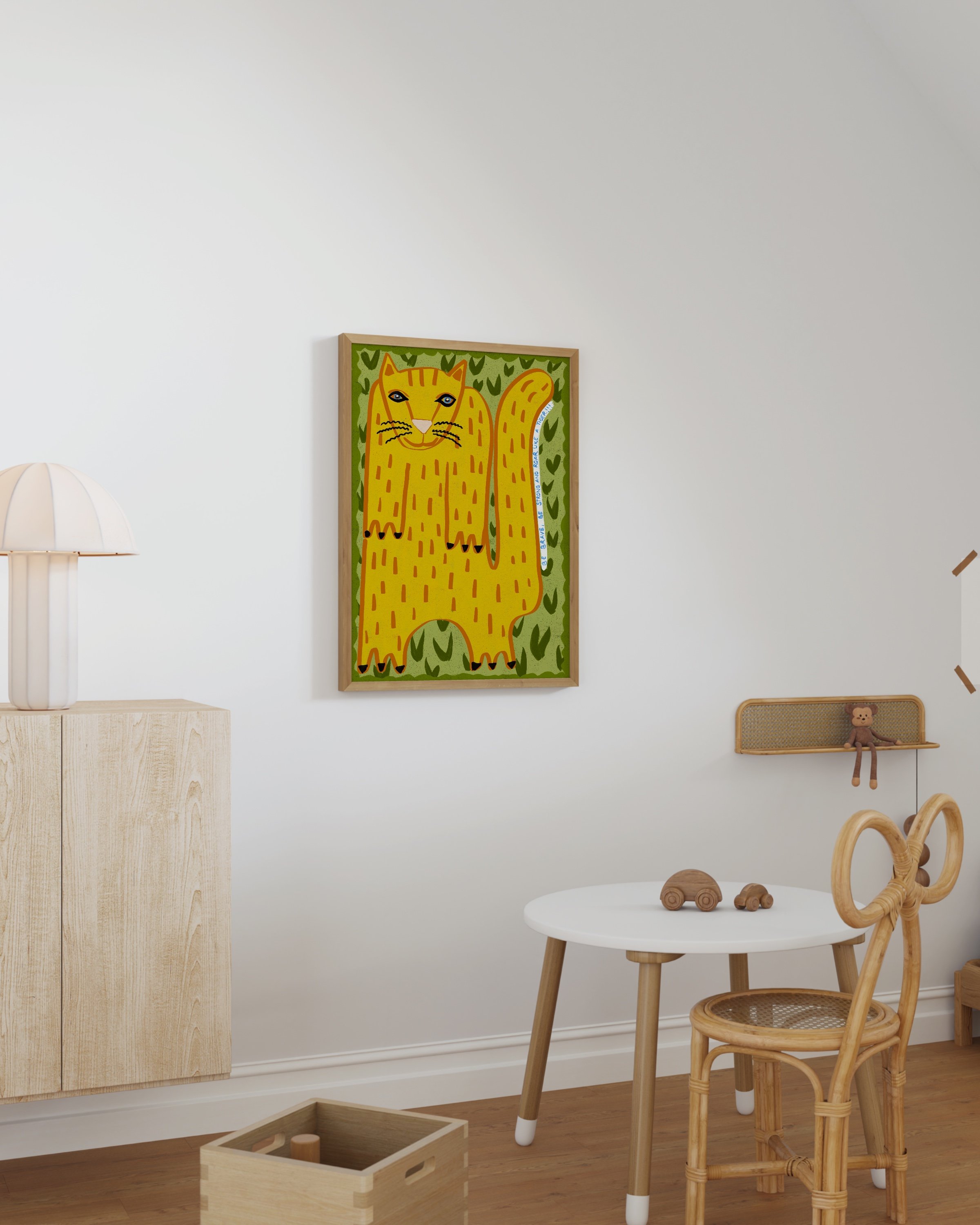 tiger-inspired cat illustration in bold yellow and green tones with whimsical patterns and playful details.