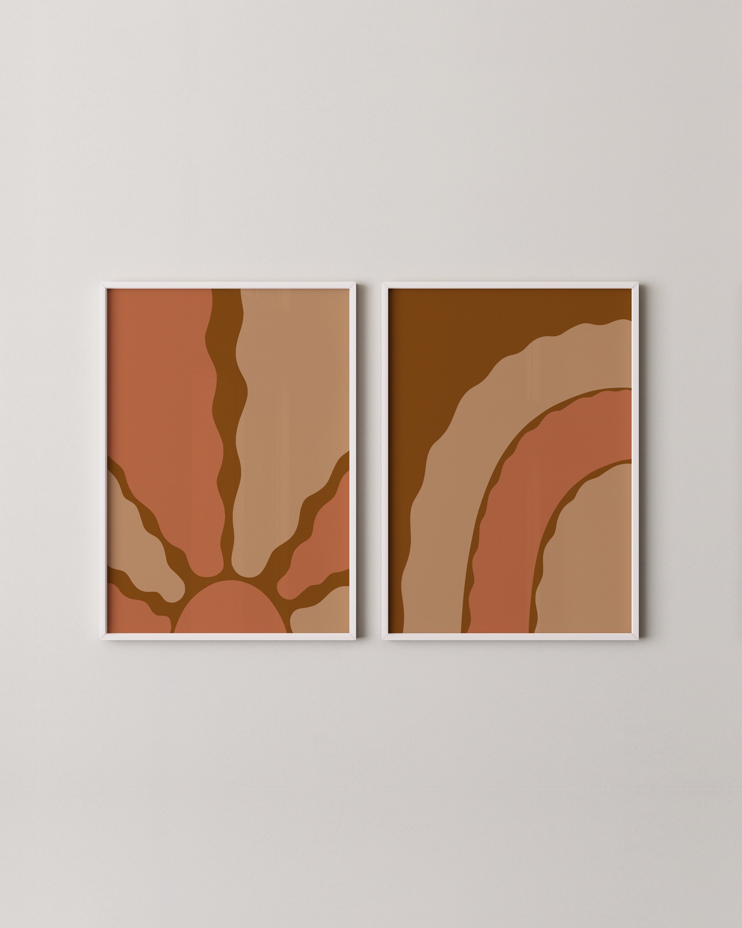 Earthy wall art set with abstract sun and rainbow in warm, neutral tones, creating a cozy boho decor style.