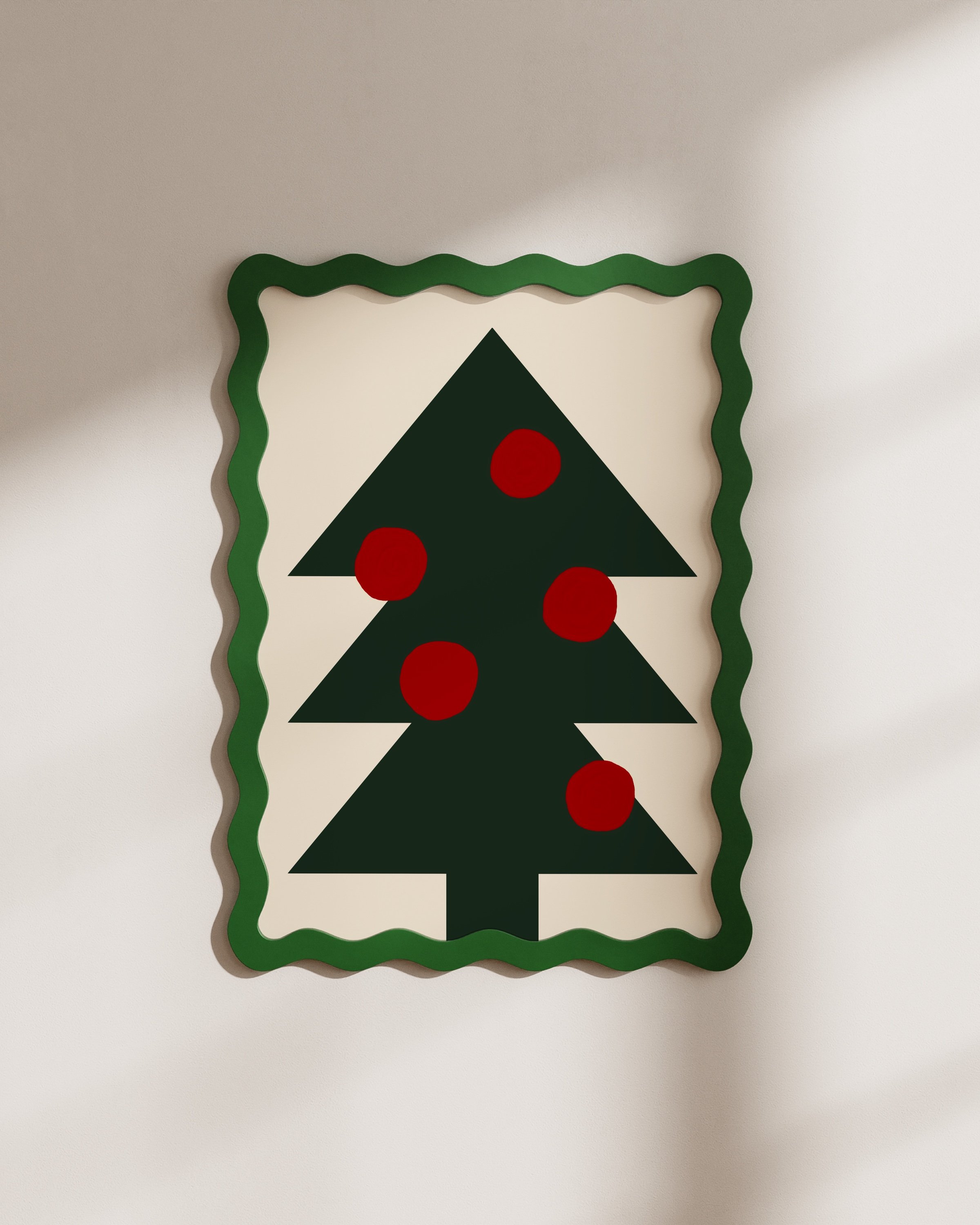 Minimalist Christmas tree art print with a dark green tree and red circle ornaments on a neutral background, designed for modern holiday decor.
