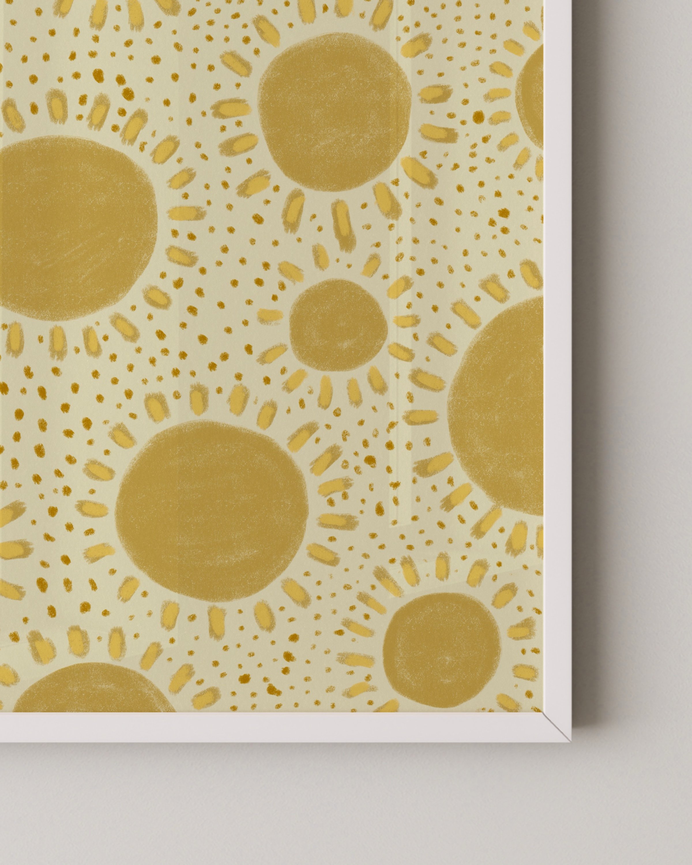 Yellow sunshine pattern print with repeating sunburst design, ideal for kids’ room decor.