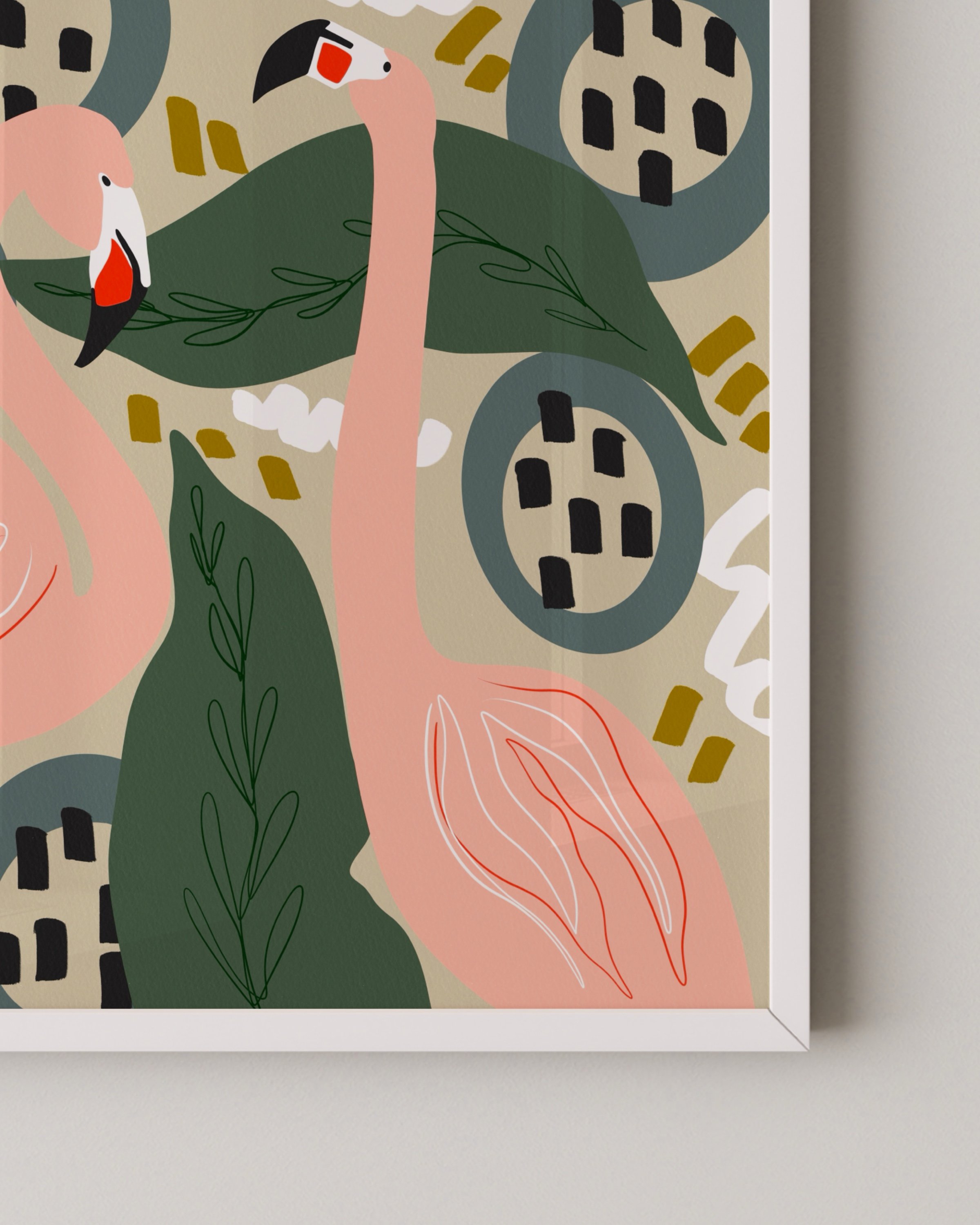 Playful flamingo art print featuring two pink flamingos surrounded by jungle foliage and abstract patterns in a vibrant, tropical palette.