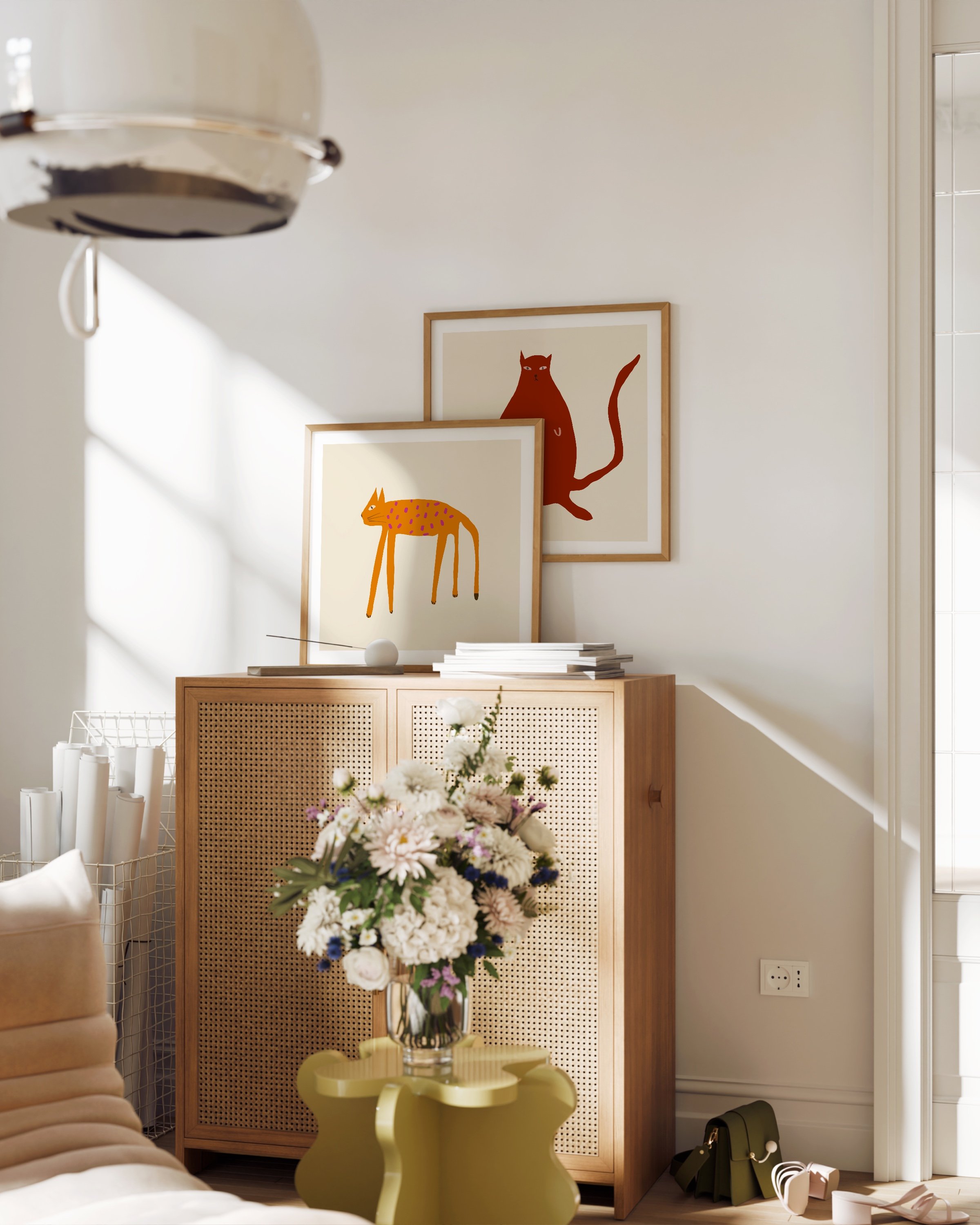 Set of two modern cat illustrations, one features a red sitting cat with attitude, the other shows a lean orange cat with pink spots on a beige background.