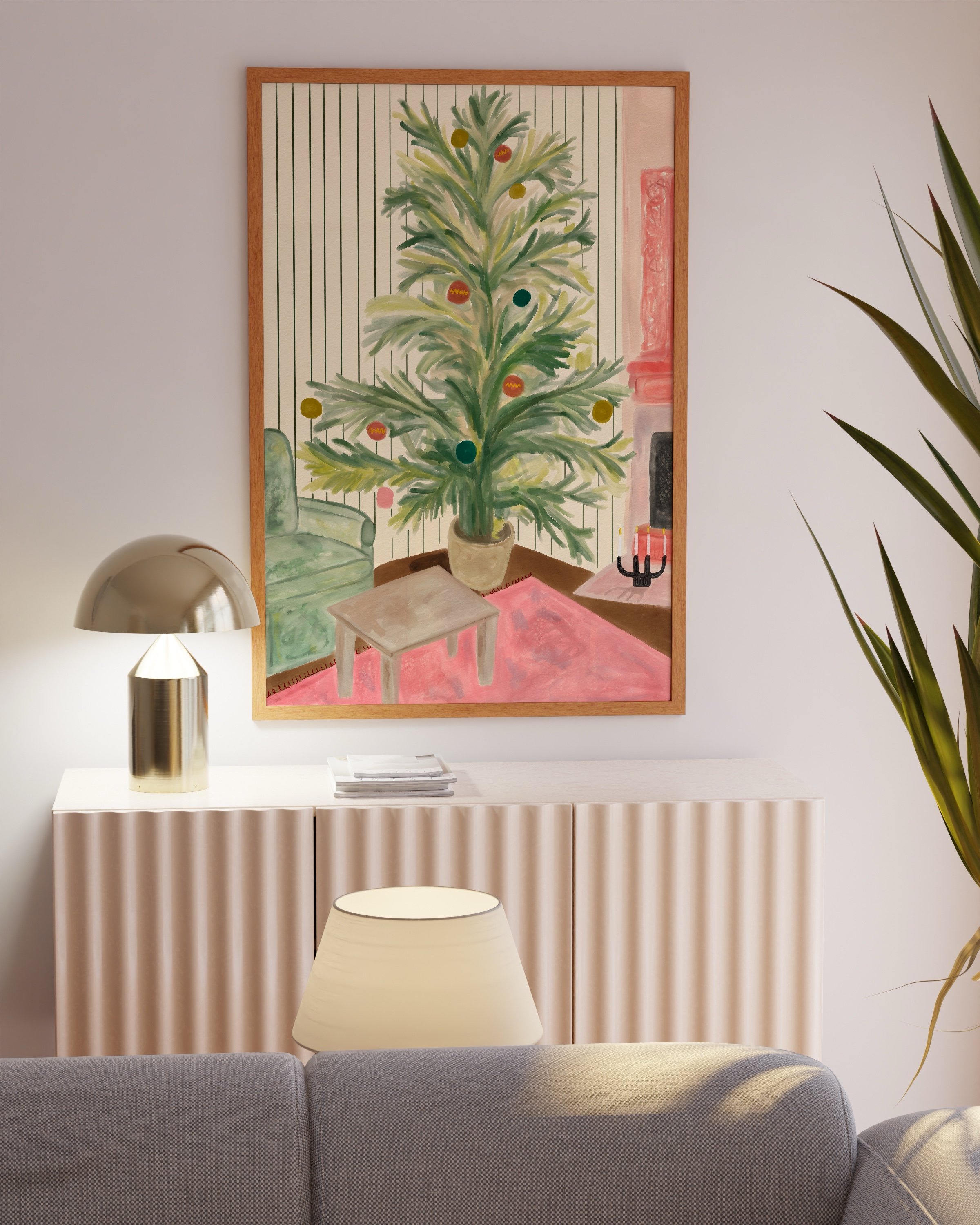 Retro-inspired Christmas tree illustration in a cozy living room setting with colorful ornaments and mid-century design elements.