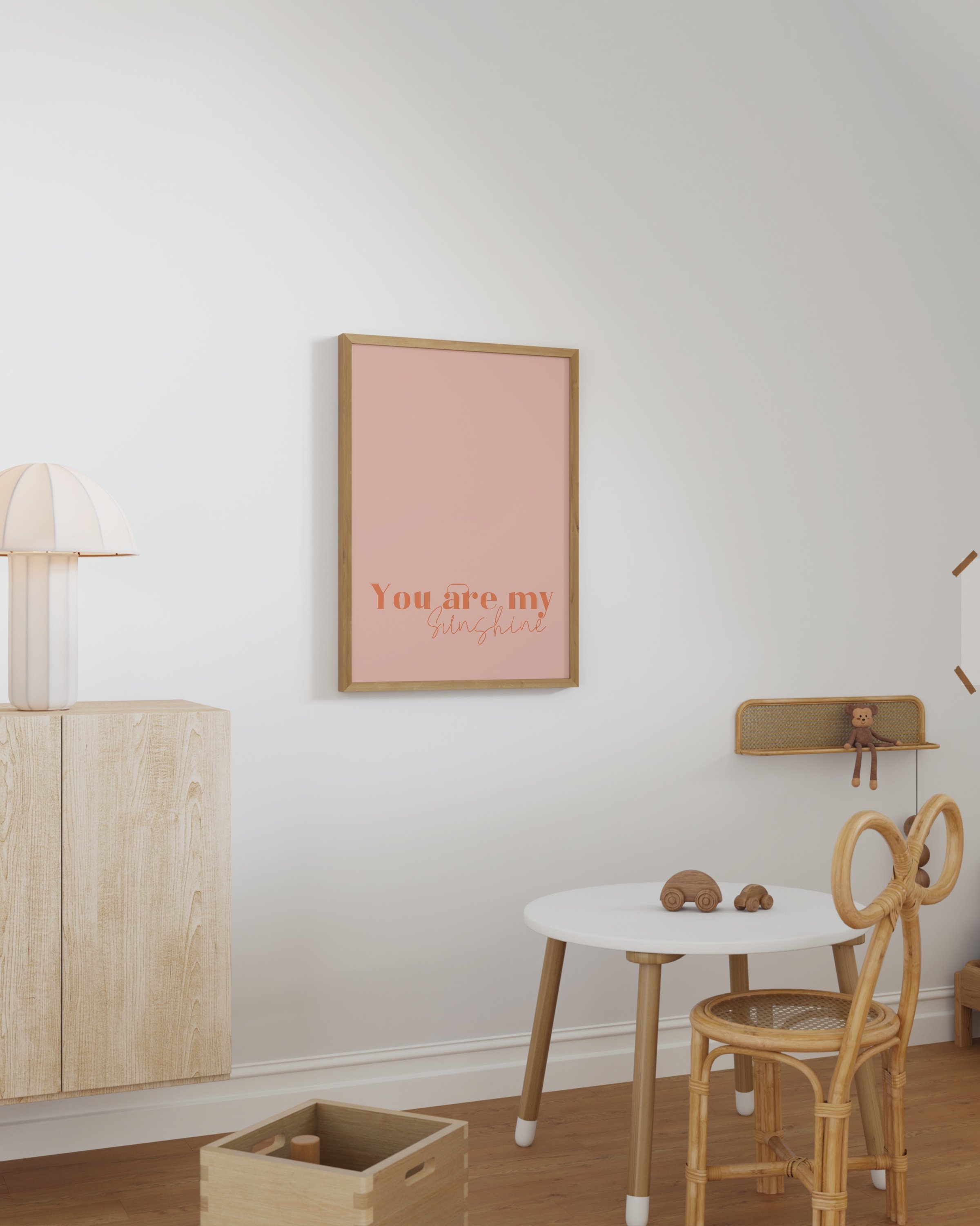 “You Are My Sunshine” wall art in warm peach tones, featuring an inspirational quote in a minimalist style.