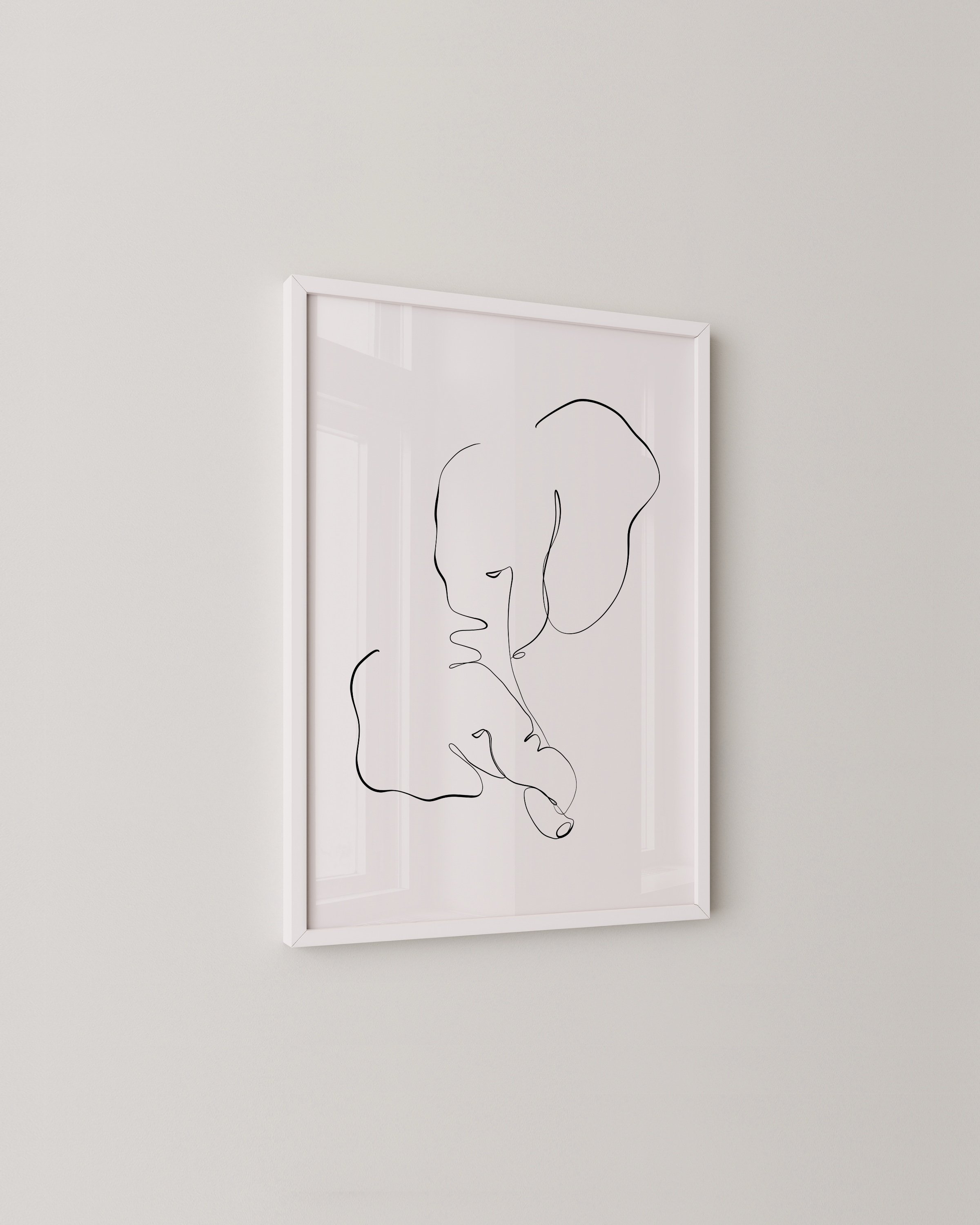 Minimalist line art drawing of an elephant, designed for children’s rooms or nurseries, on a clean white background.