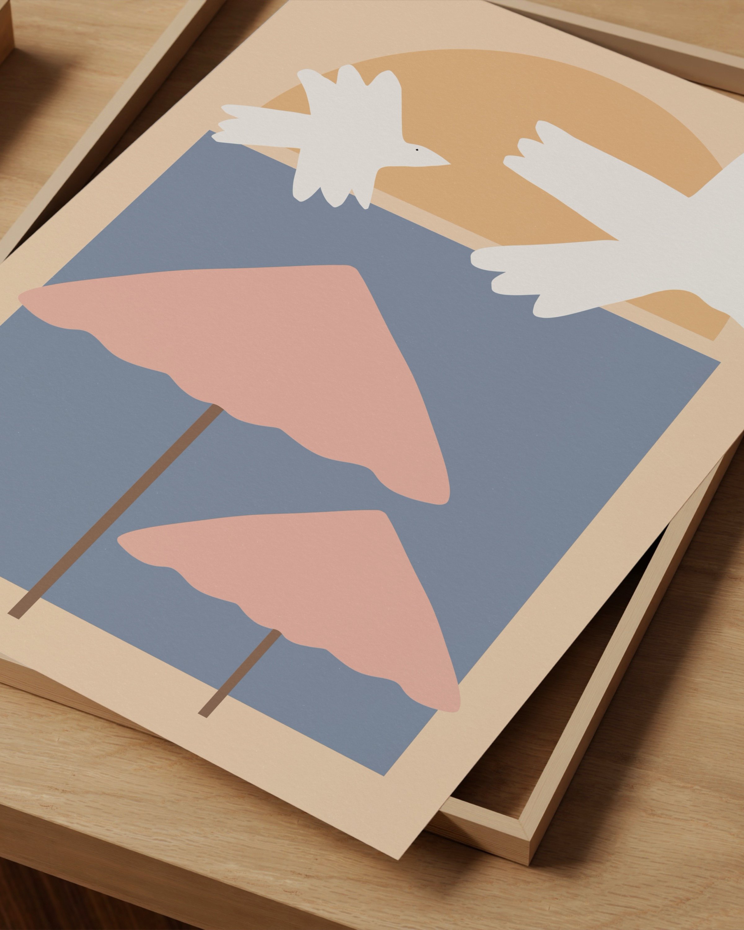 Printable wall art featuring a minimalist illustration of pink beach umbrellas and white seagulls against a soft blue and peach background.