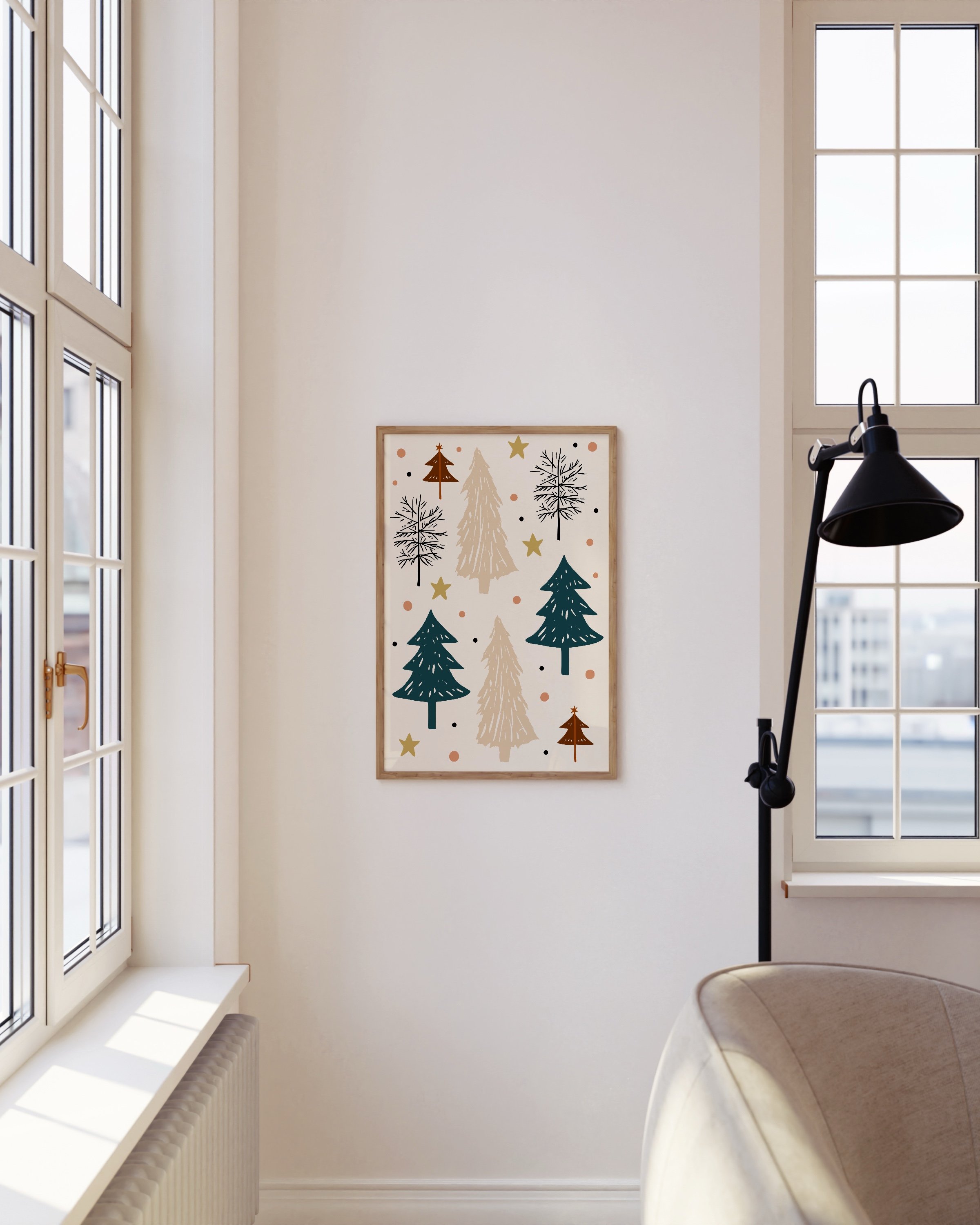 Minimalist Christmas tree printable wall art with festive tree patterns in earthy tones, stars, and decorative details on a light background.