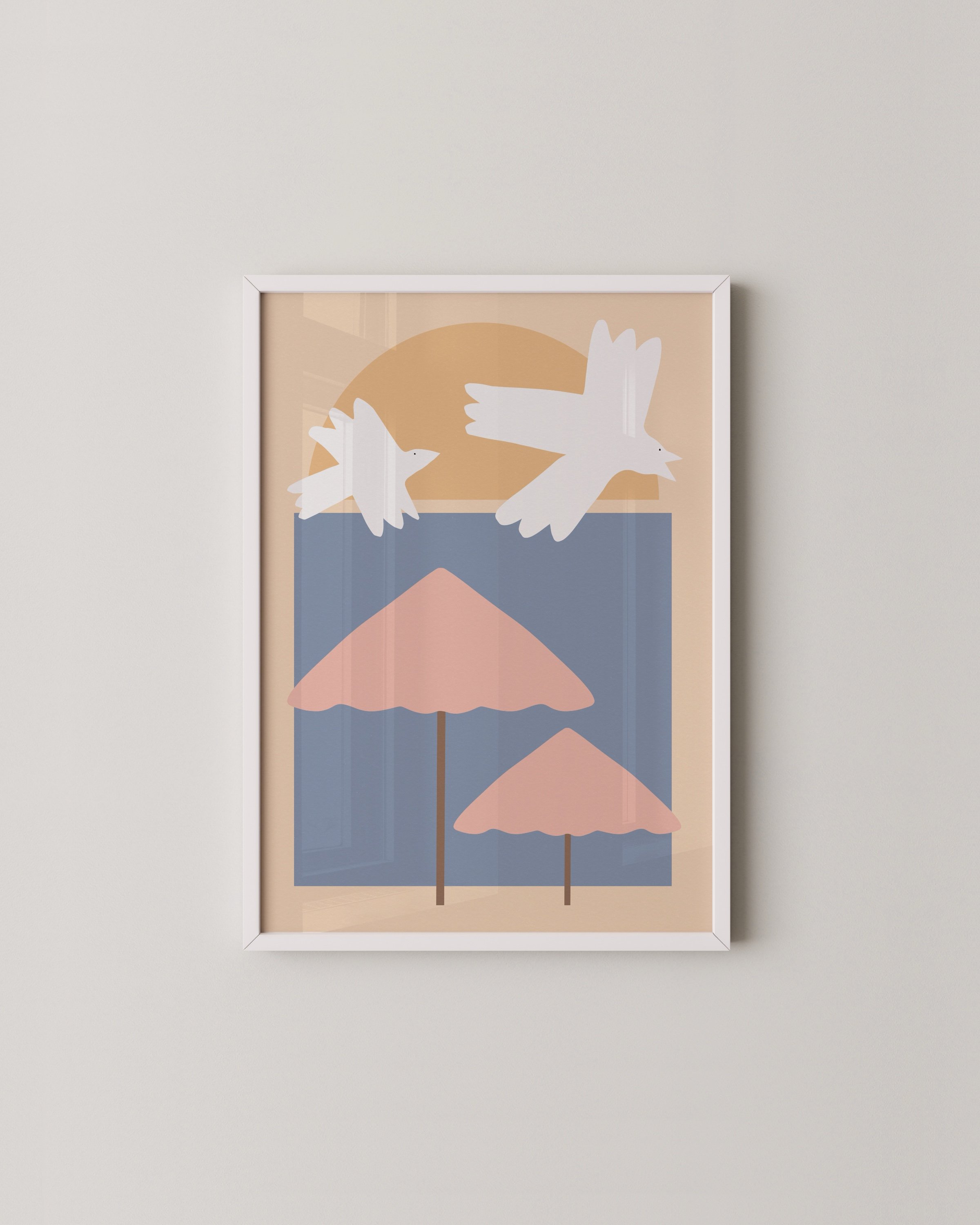 Three boho pastel printable art pieces: a wavy rainbow, a sunburst with soft rays, and birds flying over umbrellas in pink, beige, and blue tones.