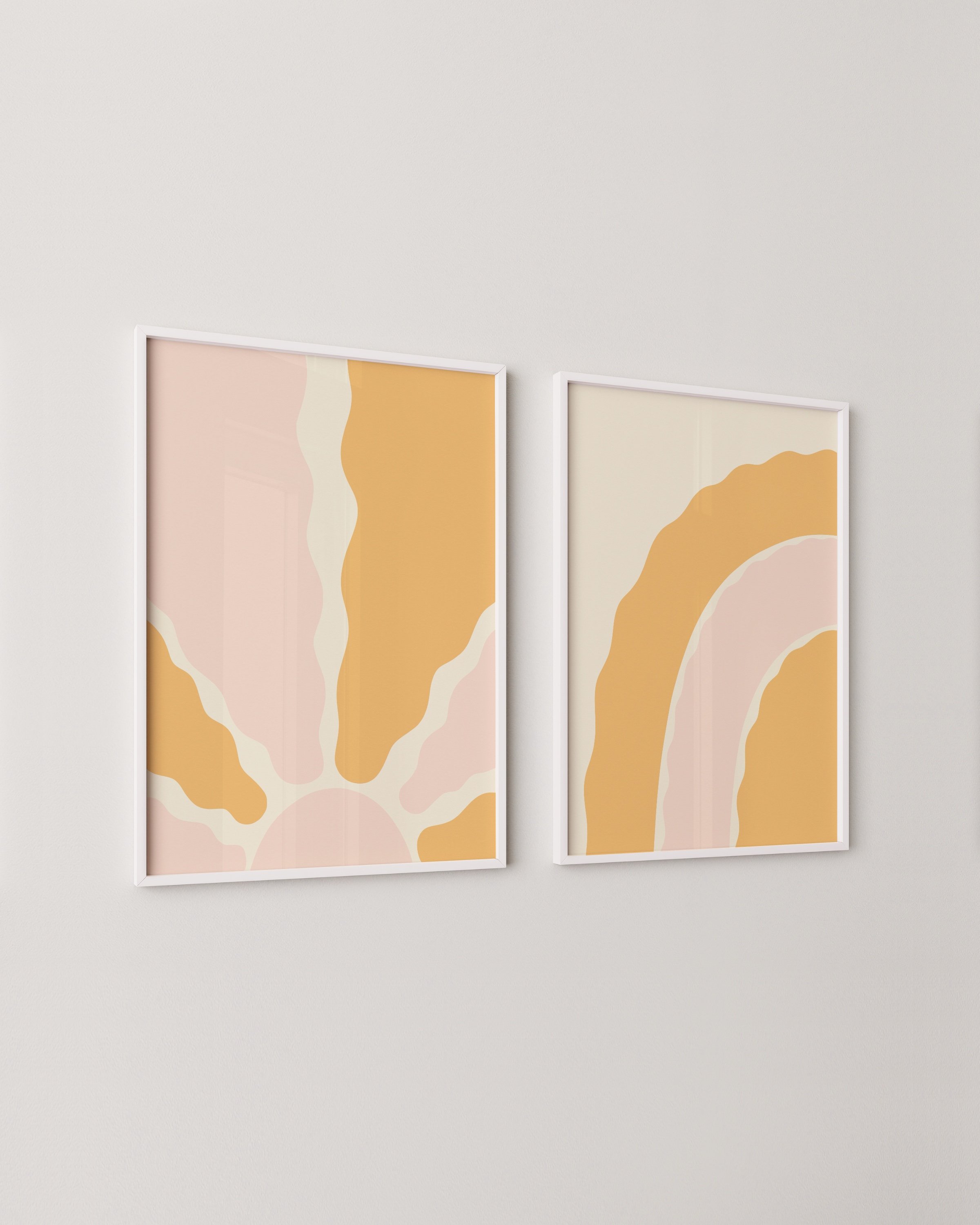 Two-piece art set featuring abstract sunshine and rainbow designs in warm yellow and blush tones, perfect for boho and minimalist decor.