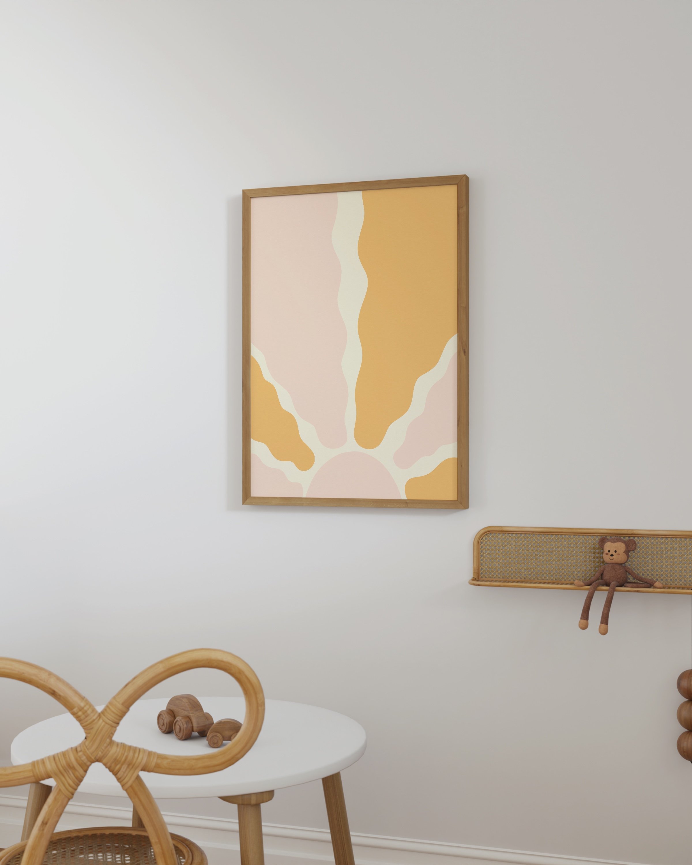 Abstract sun art print with warm tones in yellow and pink, perfect for boho and minimalist decor.