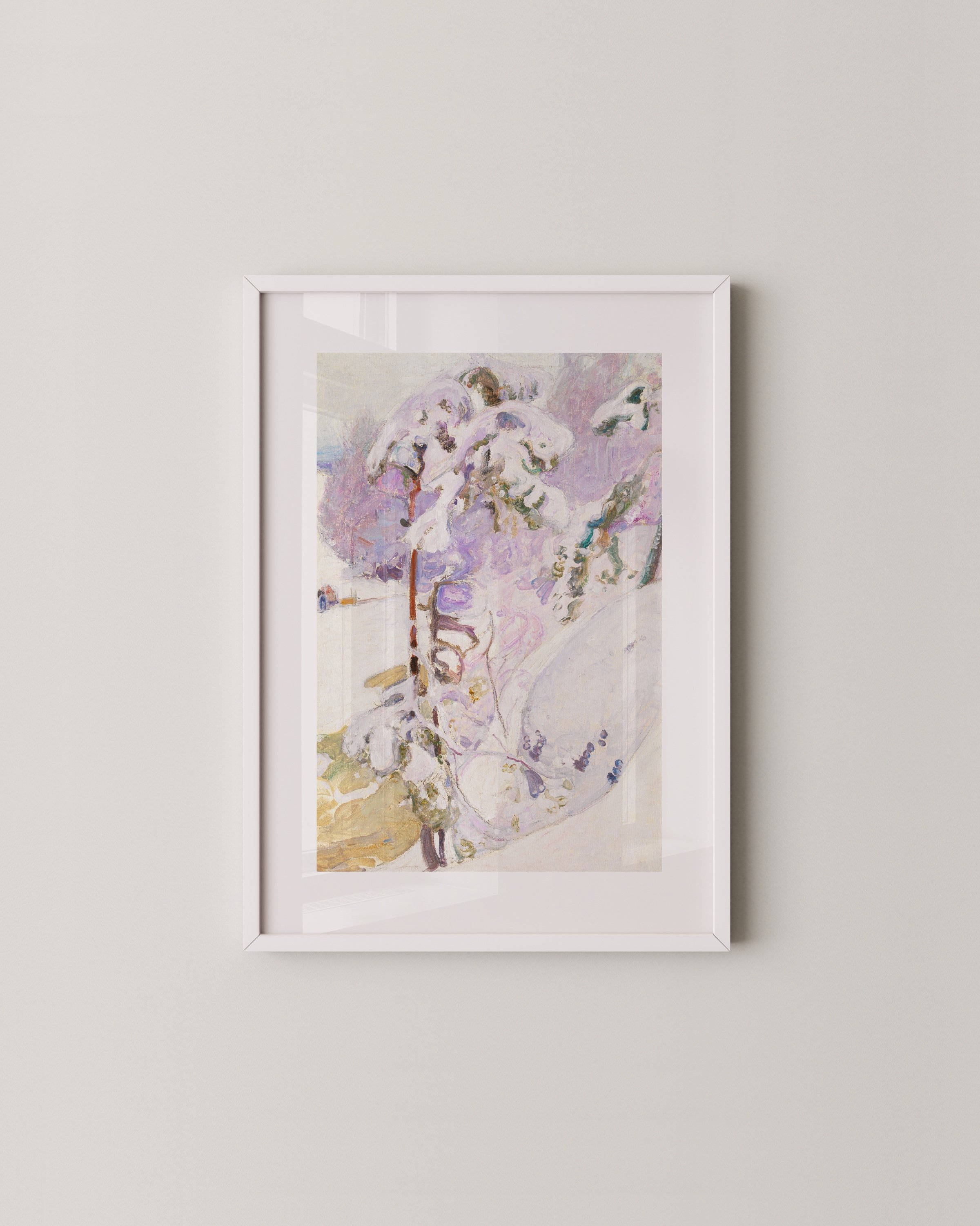 A two-piece winter wall art set featuring snowy forest landscapes in soft pastel tones, displayed in minimalist white frames.