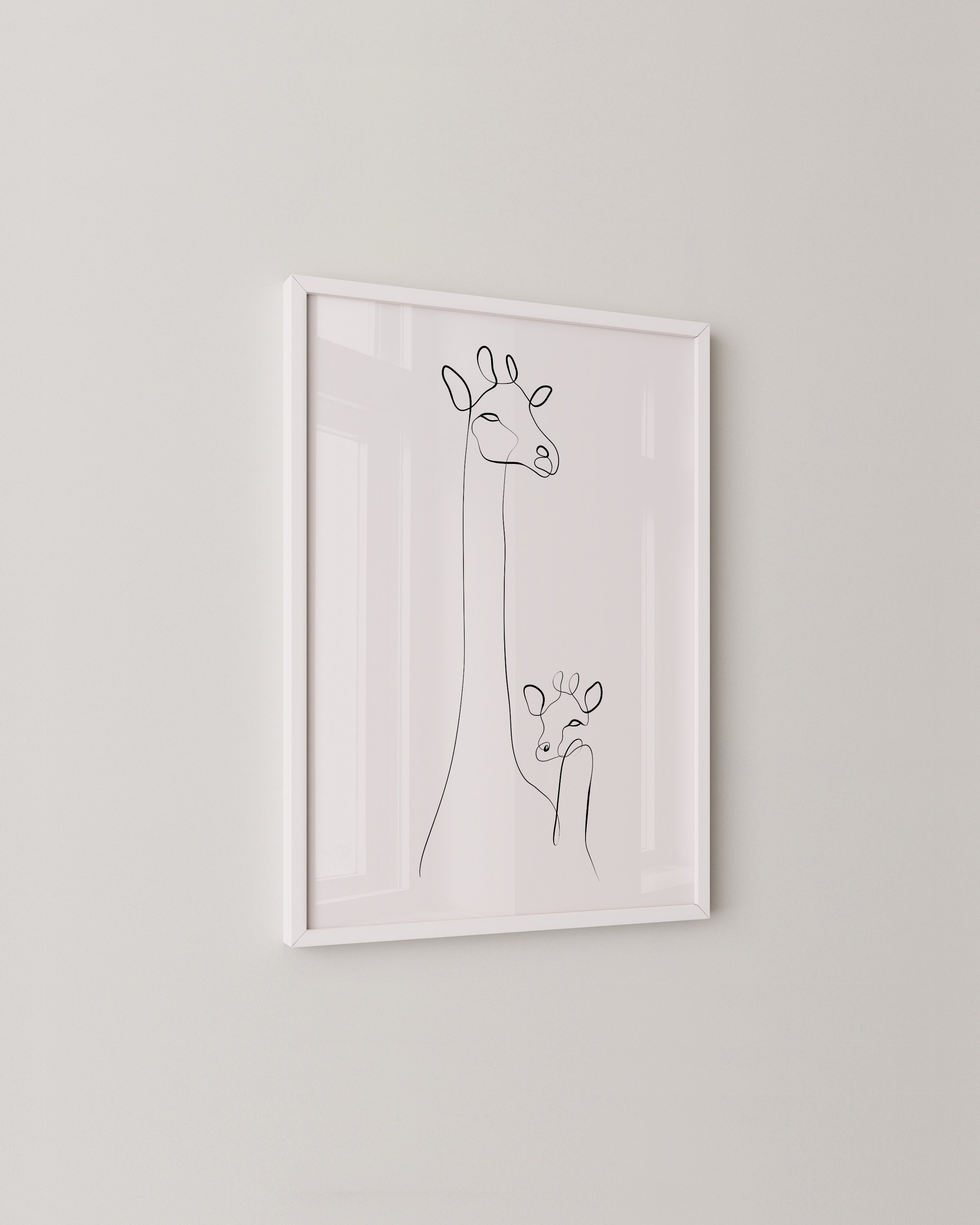 Minimalist line art illustration of a parent and baby giraffe, drawn with a continuous line on a white background.