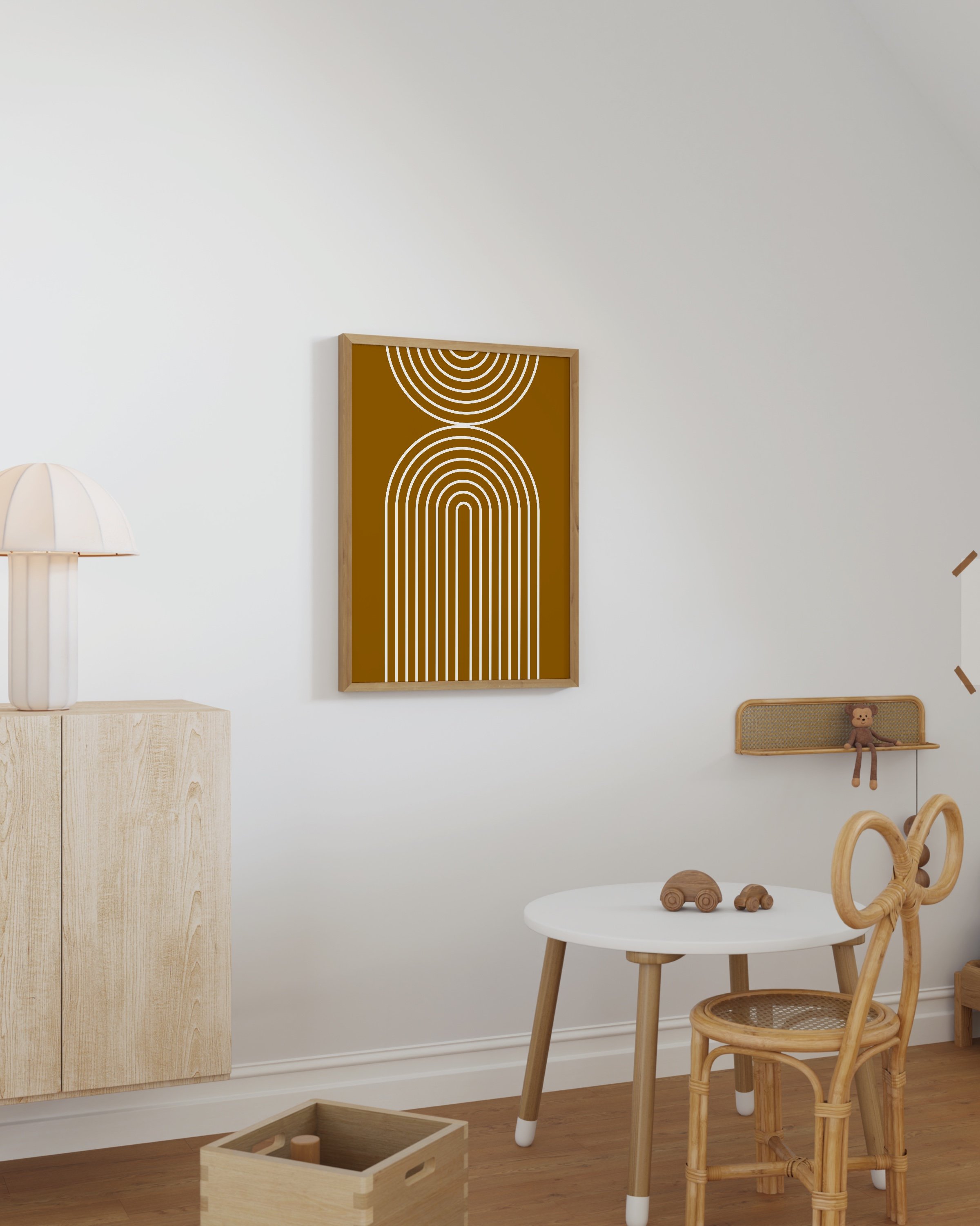 Minimalist geometric rainbow arch print in earthy tones, ideal for modern boho decor and abstract wall art.