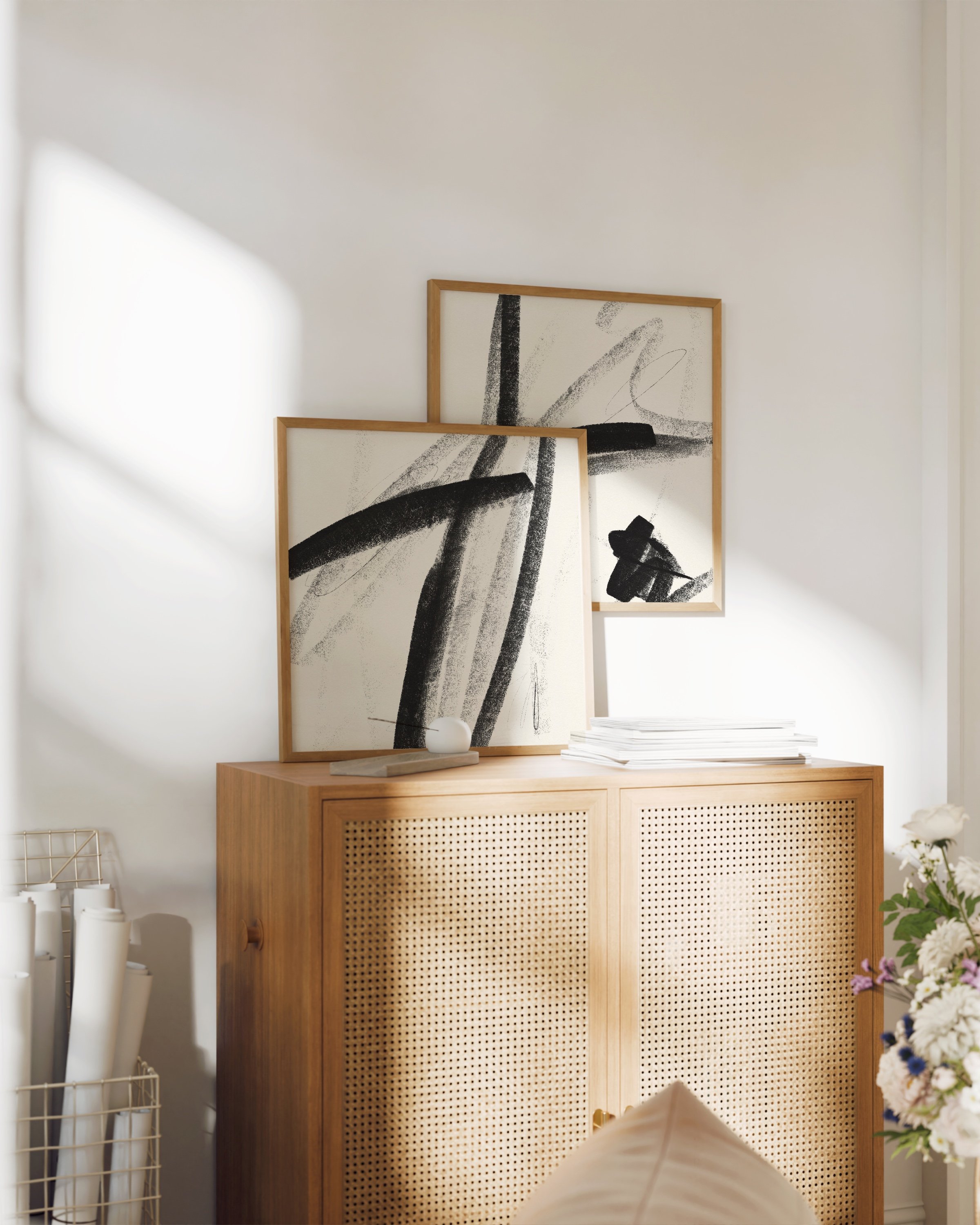 Set of two black and beige abstract brushstroke prints for modern minimalist decor.