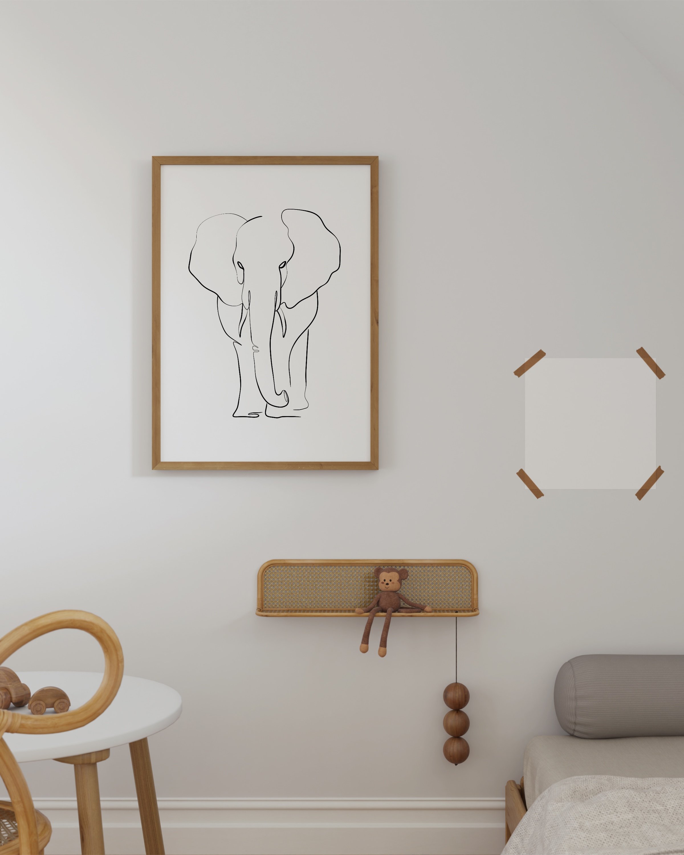 Minimalist line art drawing of an elephant, designed for children’s rooms or nurseries, on a clean white background.