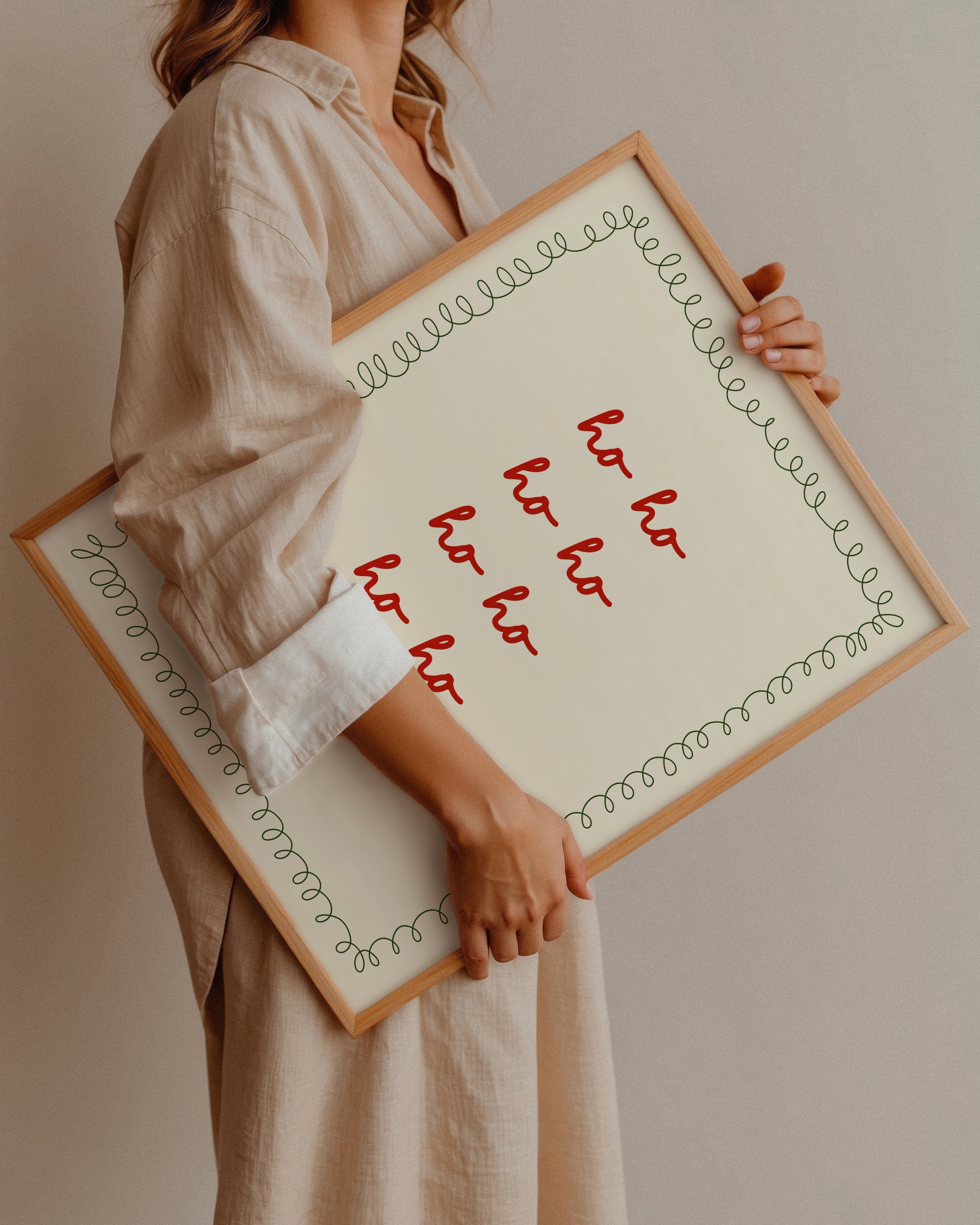 Christmas printable art with repeated red ‘Ho Ho Ho’ text in a handwritten style, framed by a green squiggle border on a beige background.