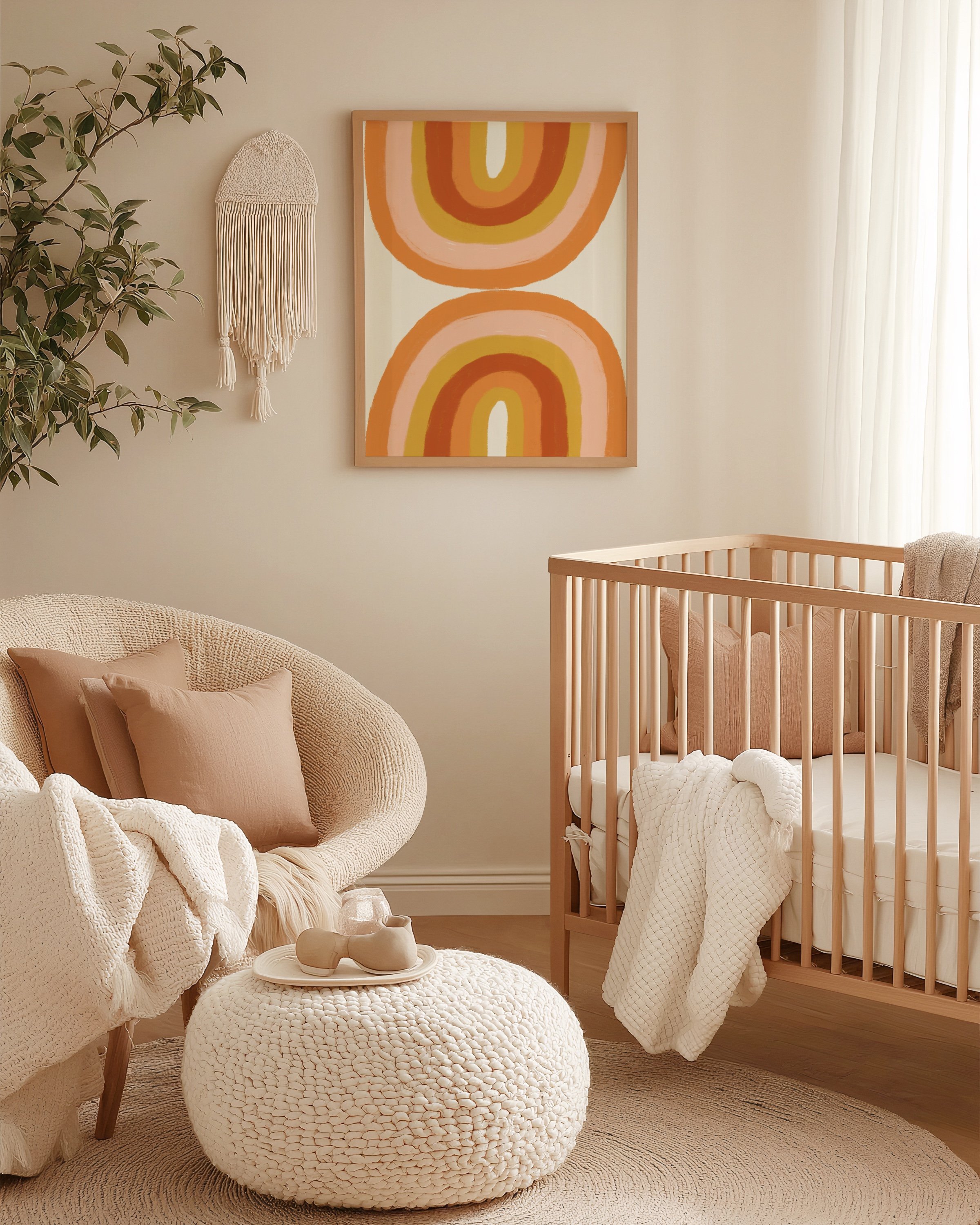 Geometric rainbow art print in warm tones of orange, yellow, and peach, featuring abstract arcs in a retro-inspired design.