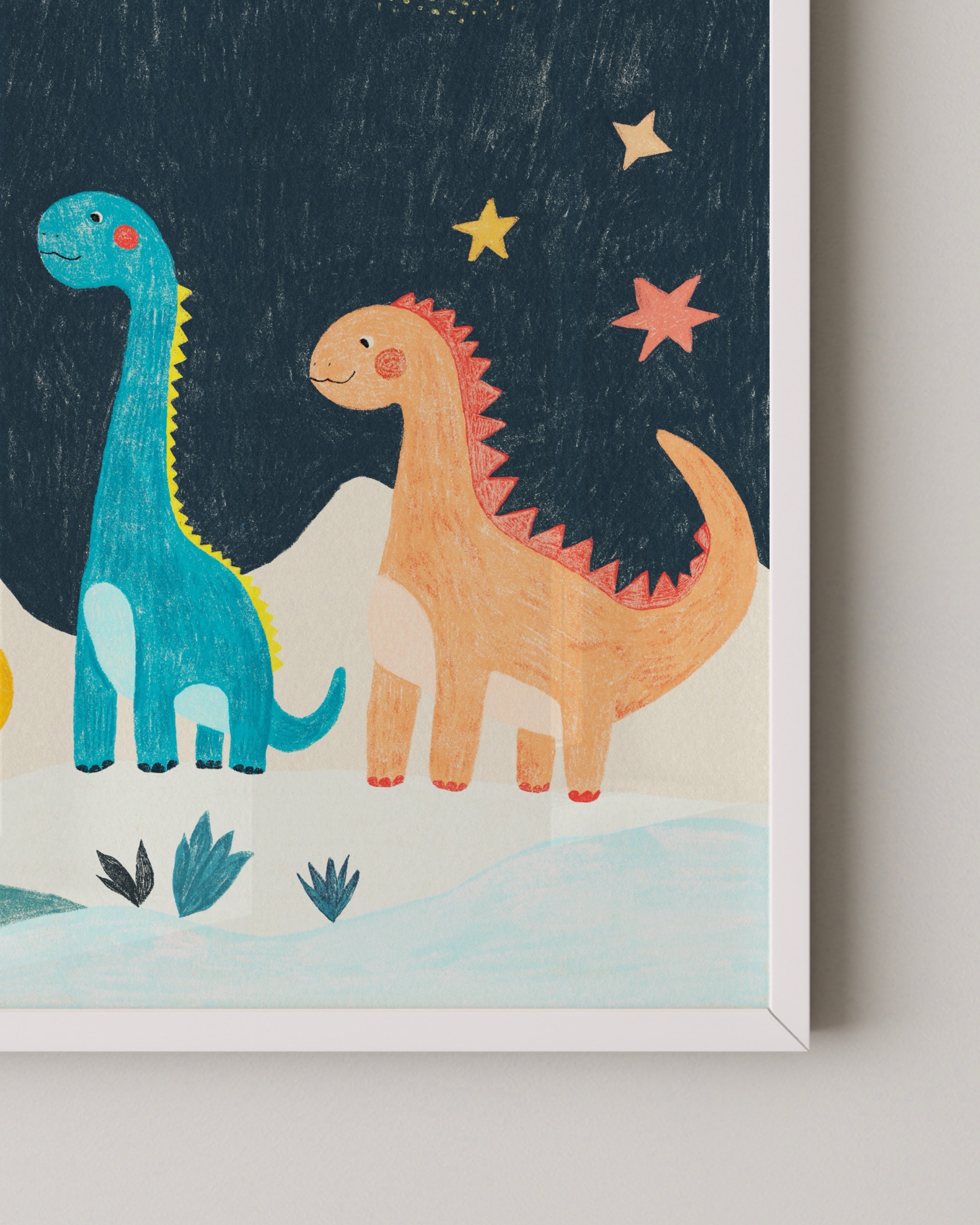 Playful kids’ wall art featuring colorful dinosaurs under a starry sky with planets and a bright moon, perfect for a fun and imaginative touch in a child’s room.