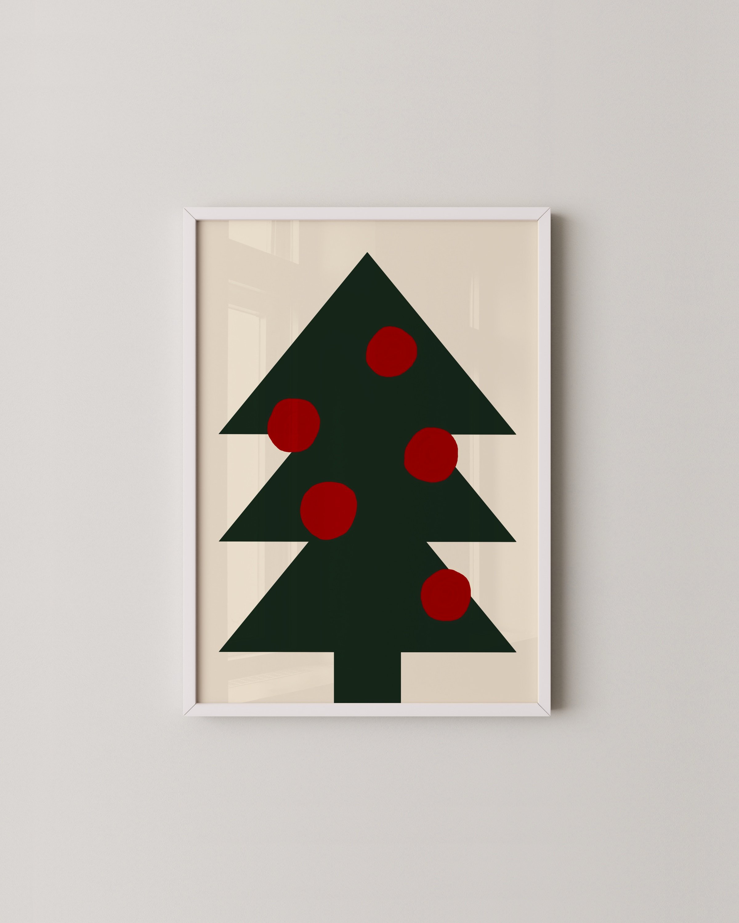 A two-piece minimalist Christmas wall art set featuring a green tree with red ornaments and a “Merry Christmas” script on a neutral background.