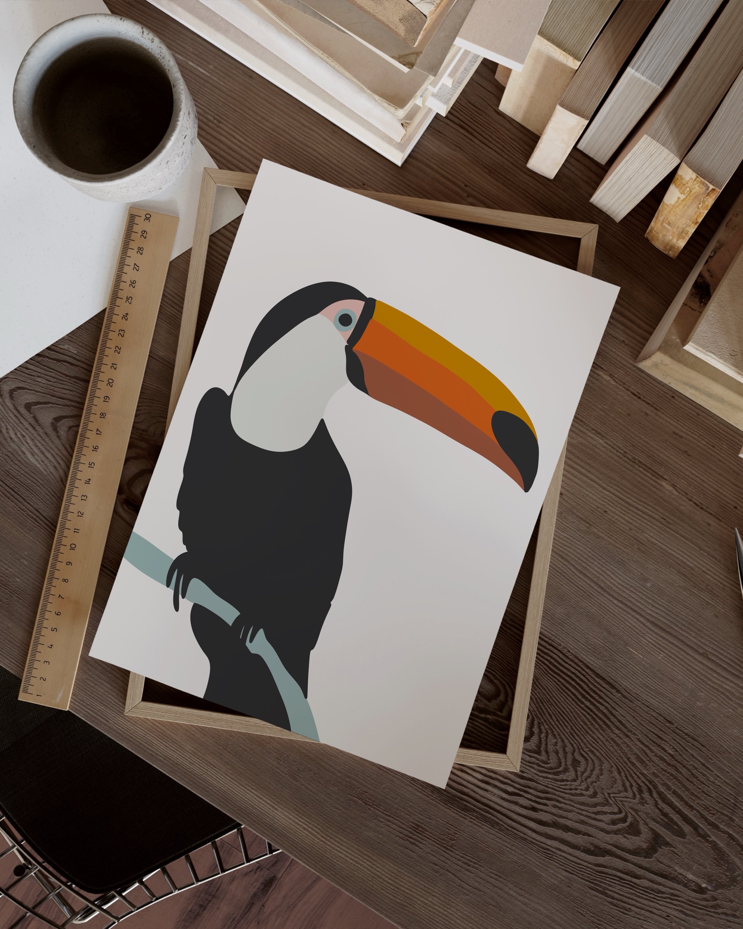 Playful illustration of a toucan with a bright orange and yellow beak, sitting on a branch against a soft background, perfect for kids’ decor.