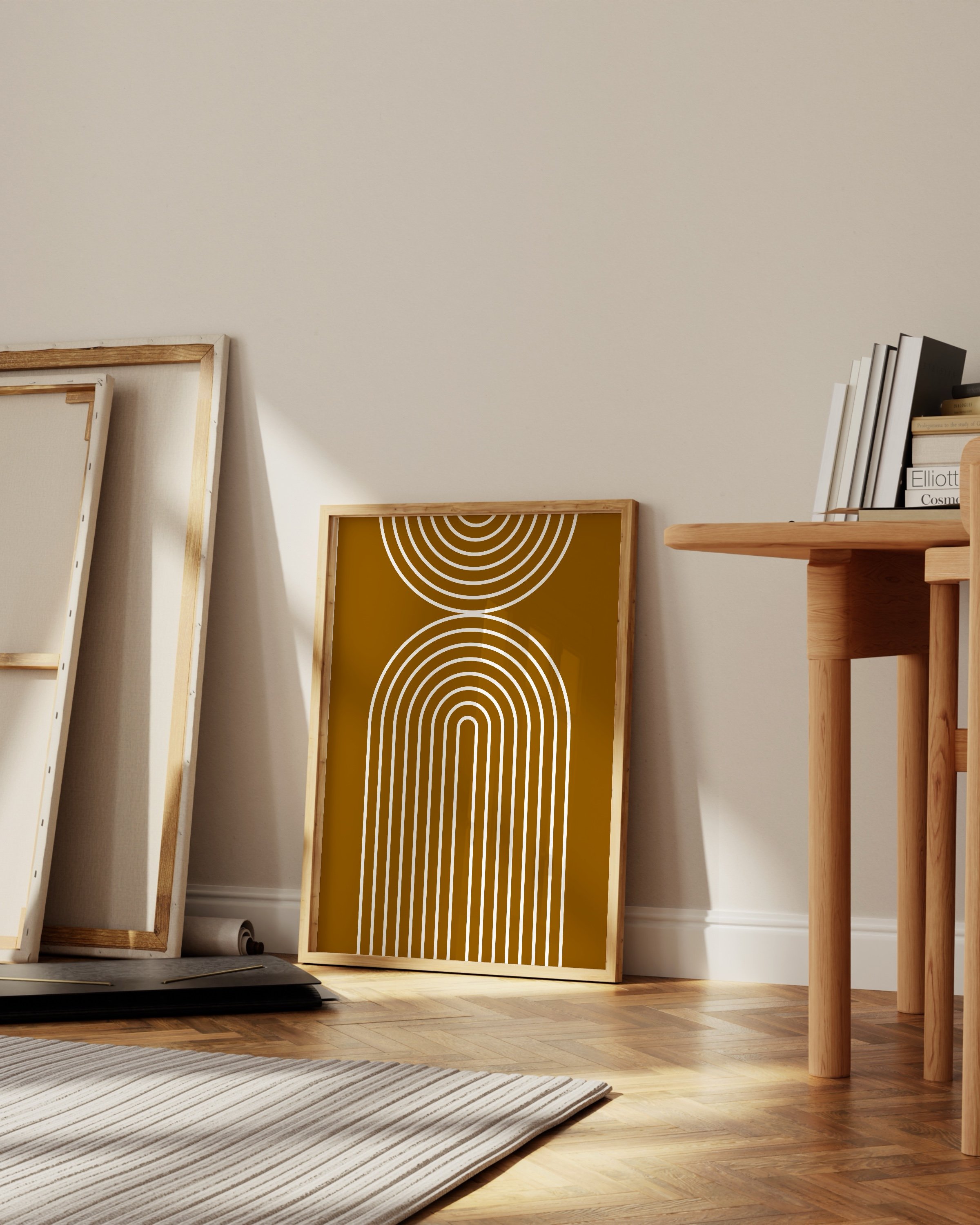 Minimalist geometric rainbow arch print in earthy tones, ideal for modern boho decor and abstract wall art.
