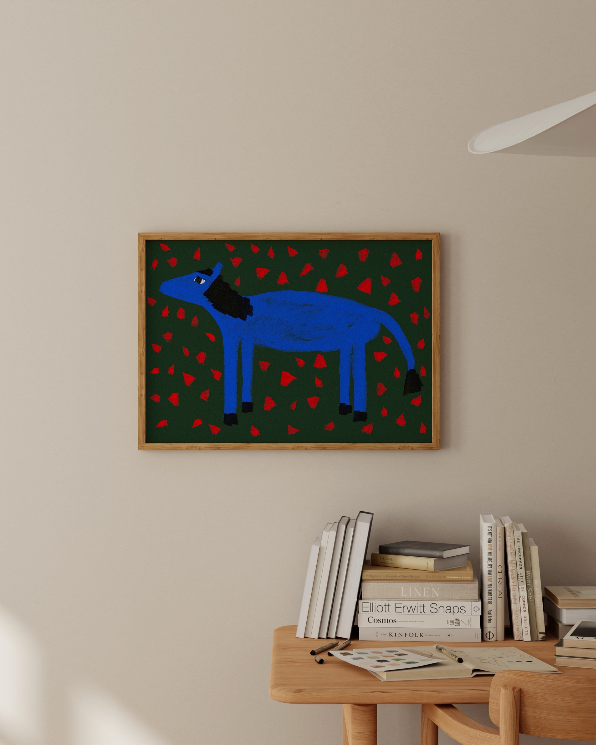 Unique blue animal art print with bold red accents on a deep green background, designed for kids’ room or playroom decor.