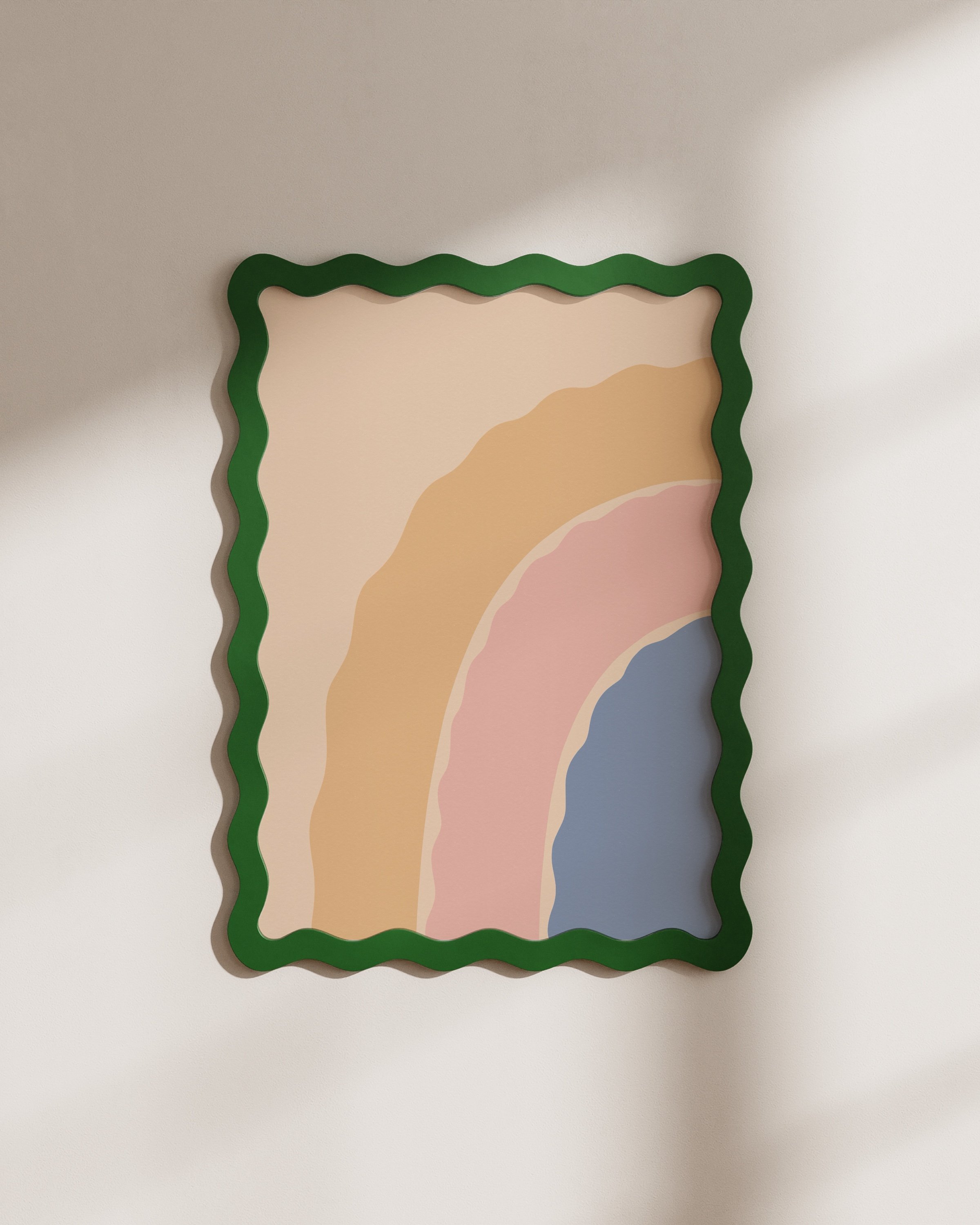 Abstract printable wall art featuring a wavy pastel rainbow in shades of peach, pink, and blue on a beige background.