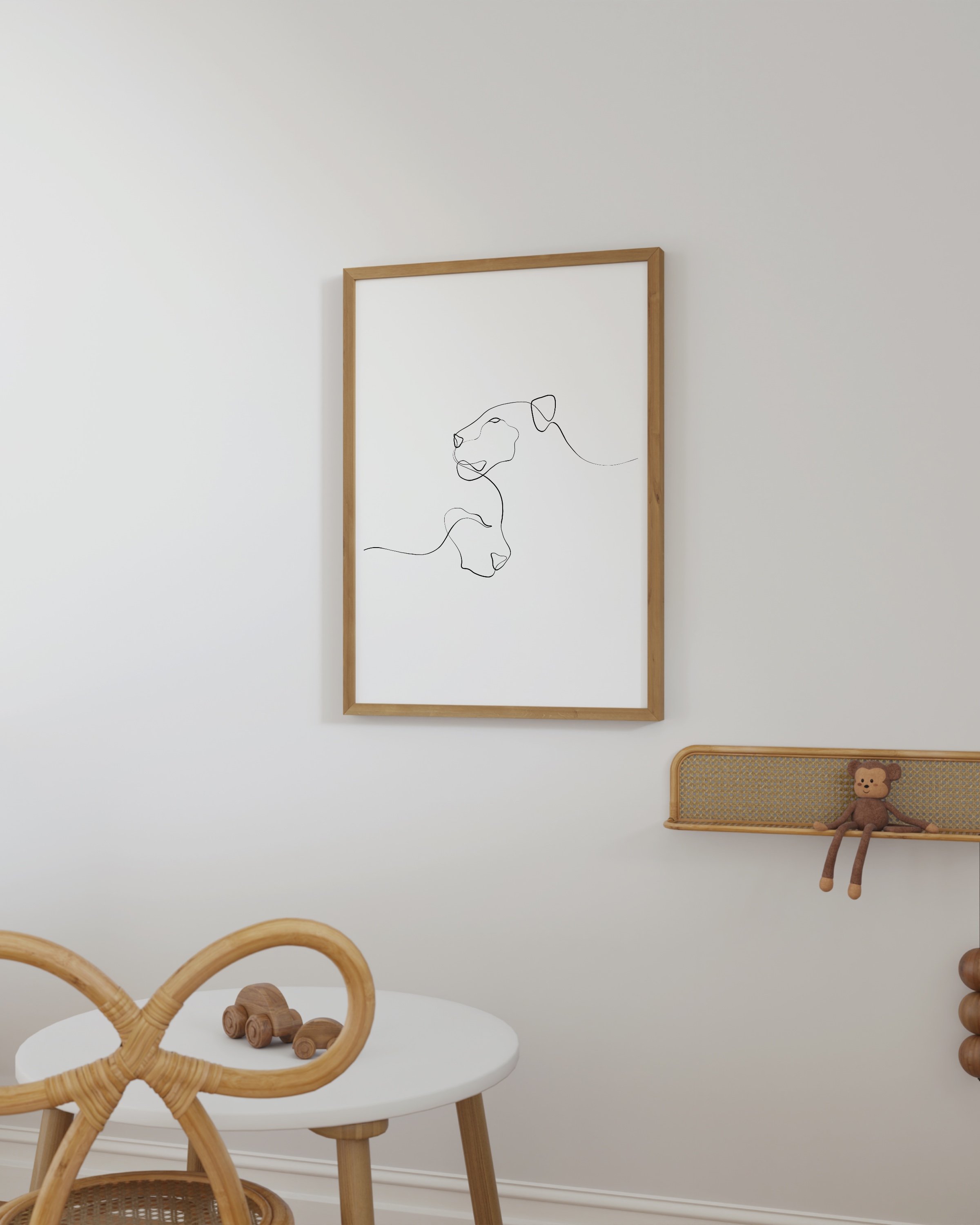 Minimalist line art illustration of a mother lioness and her cub, drawn with a single continuous line on a white background.