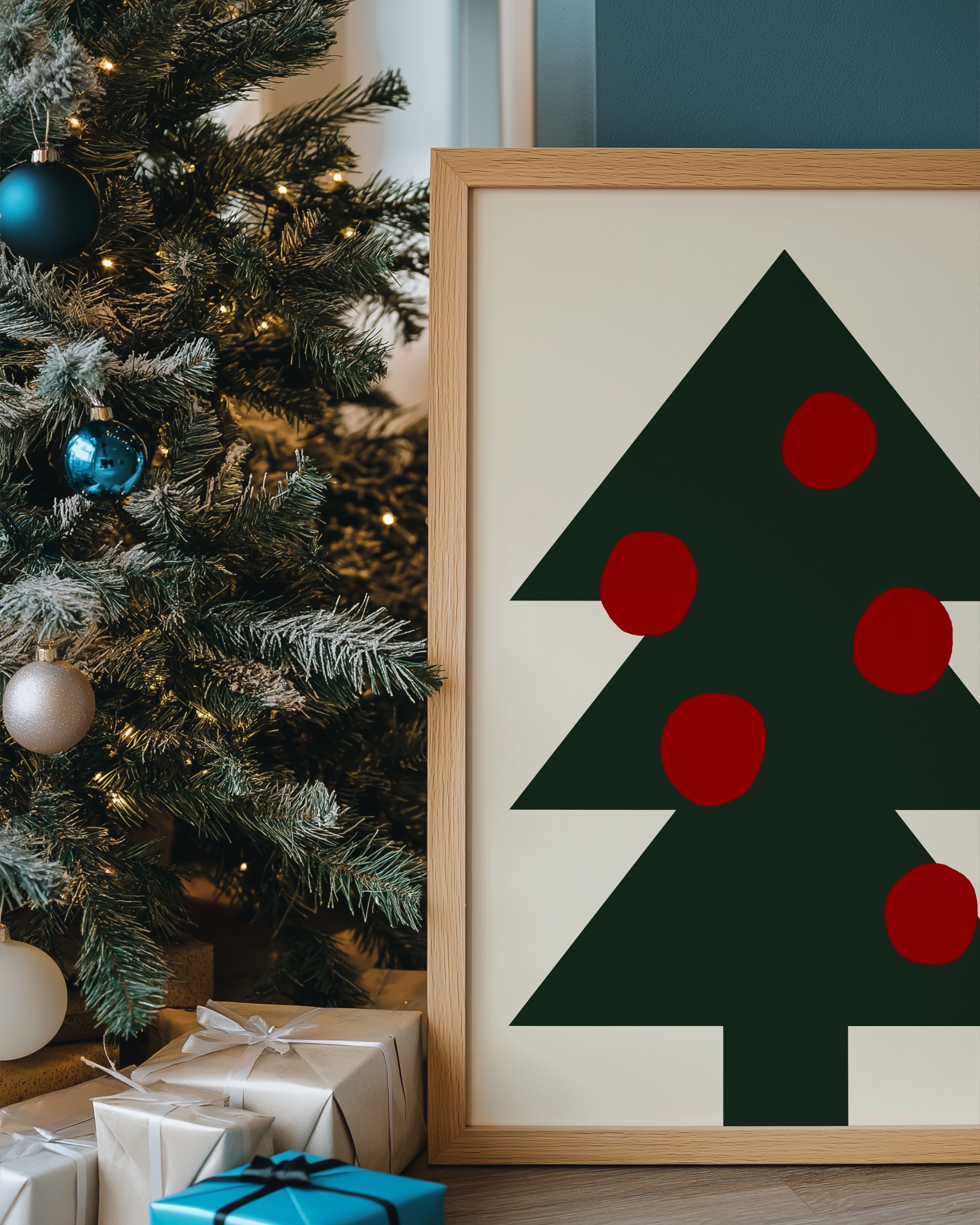 Minimalist Christmas tree art print with a dark green tree and red circle ornaments on a neutral background, designed for modern holiday decor.