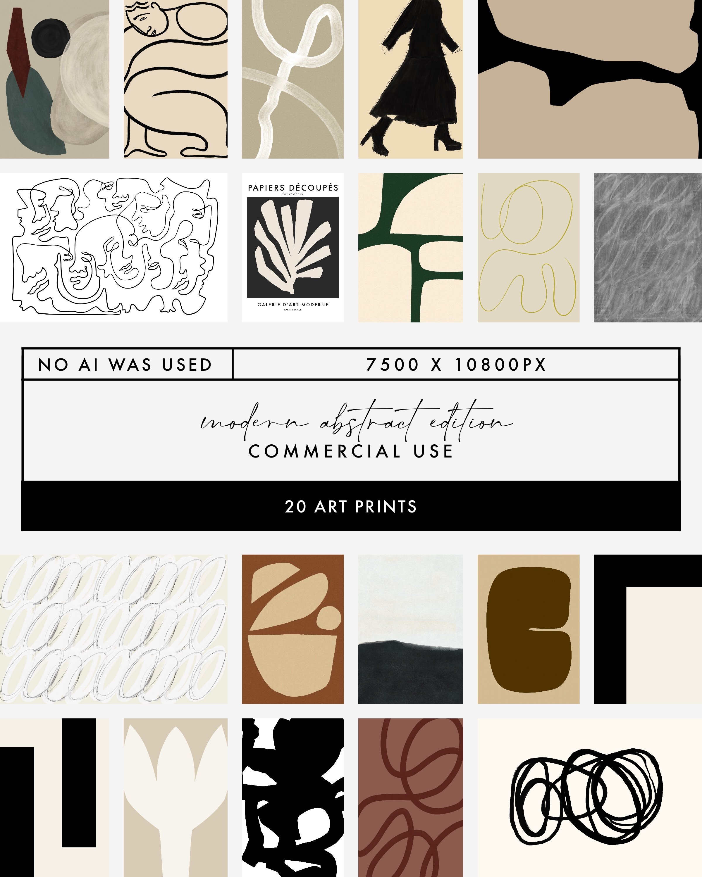 Modern abstract art prints collection featuring 20 minimalist designs for commercial and personal use, no AI used.