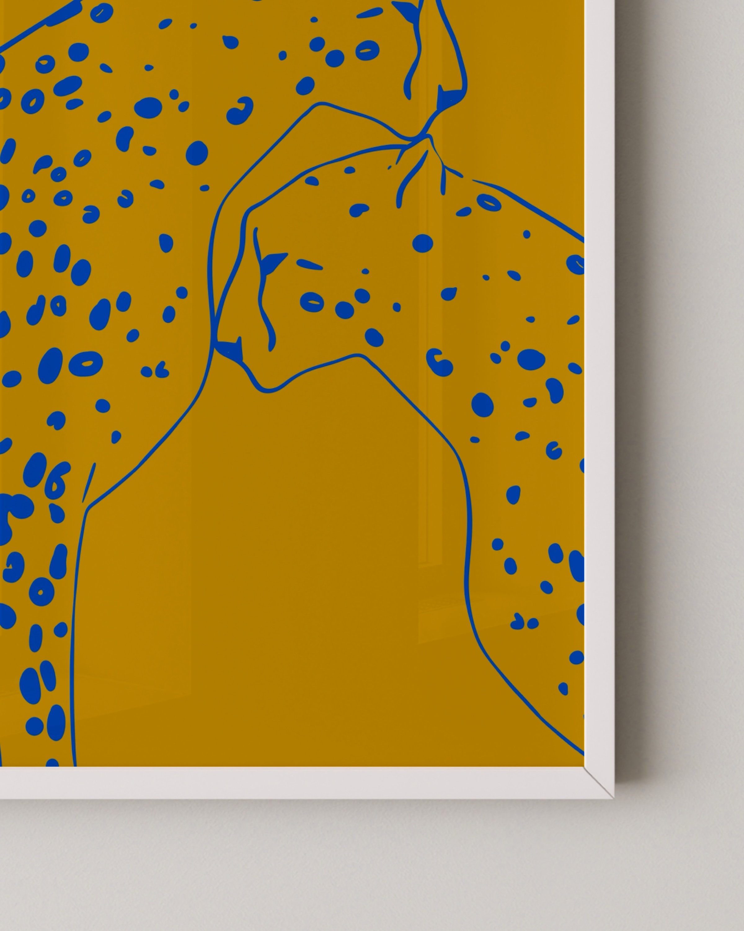 Modern cheetah wall art for kids in mustard yellow and cobalt blue, perfect for playful nursery or children’s room decor.