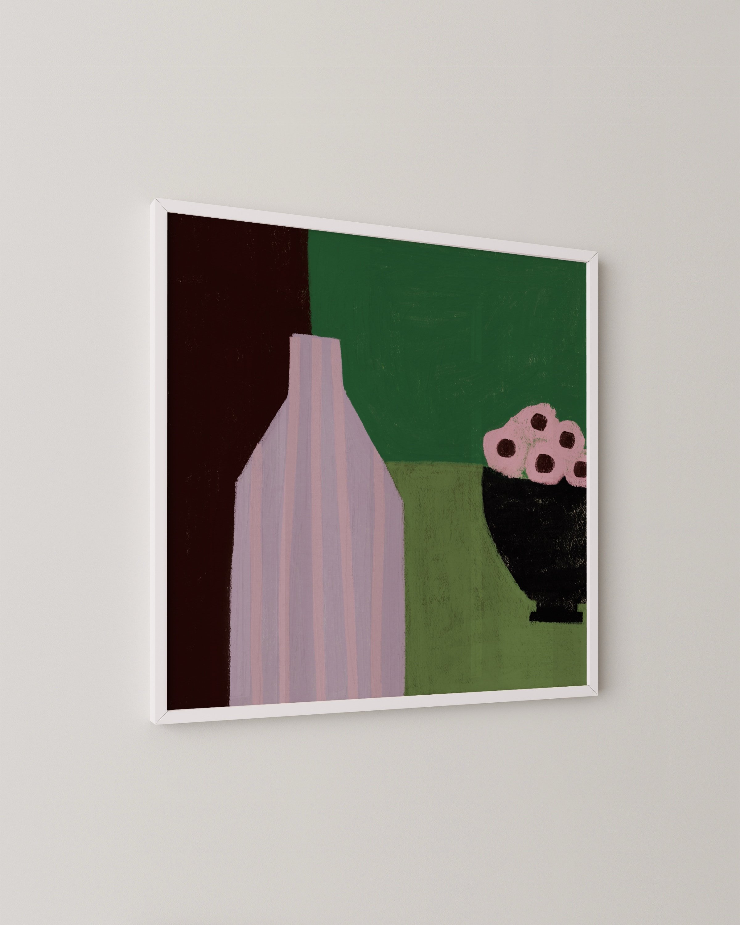 Print of a stylized still life featuring a pink-striped bottle and black bowl with pink flowers on a green and burgundy background.