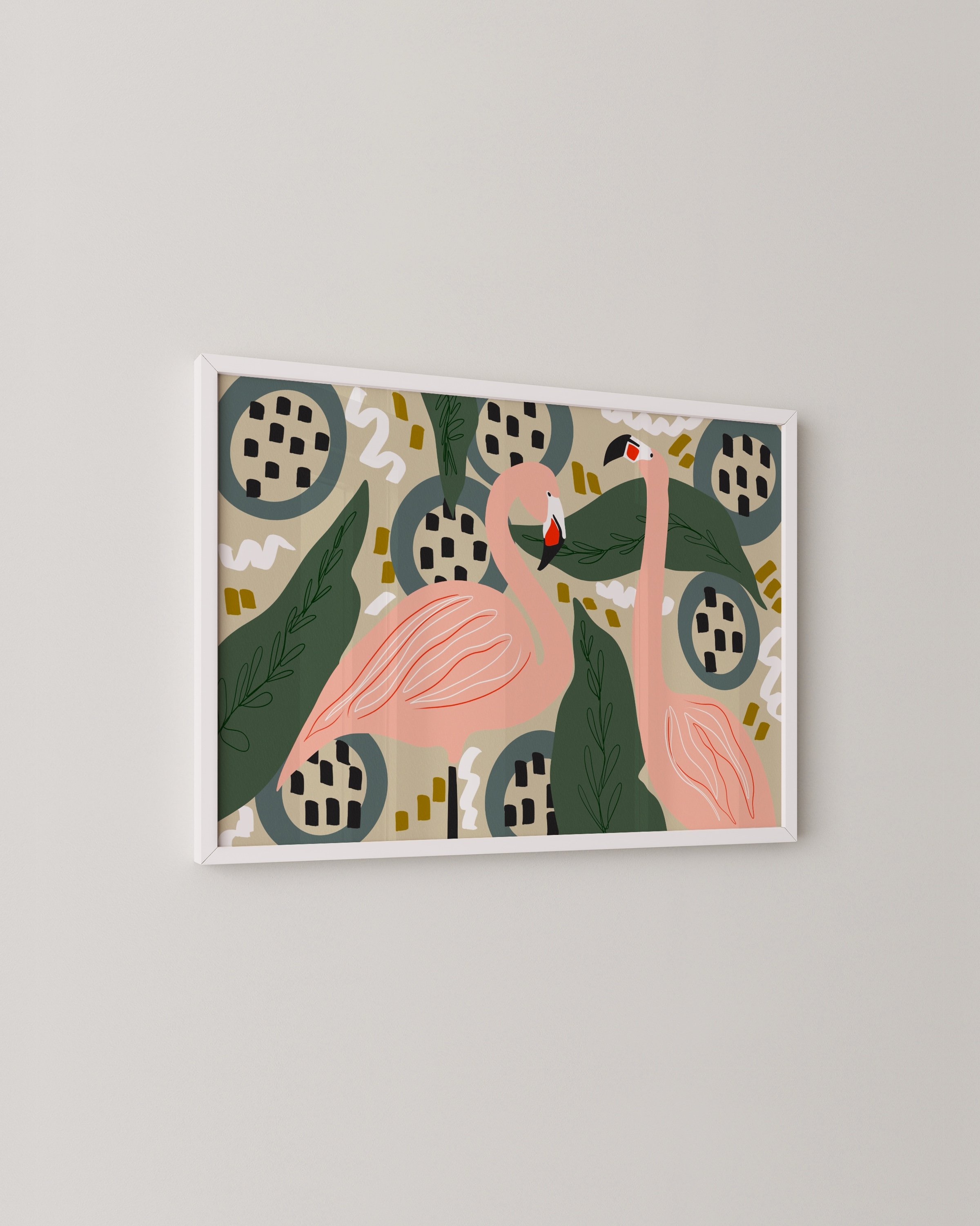 Playful flamingo art print featuring two pink flamingos surrounded by jungle foliage and abstract patterns in a vibrant, tropical palette.