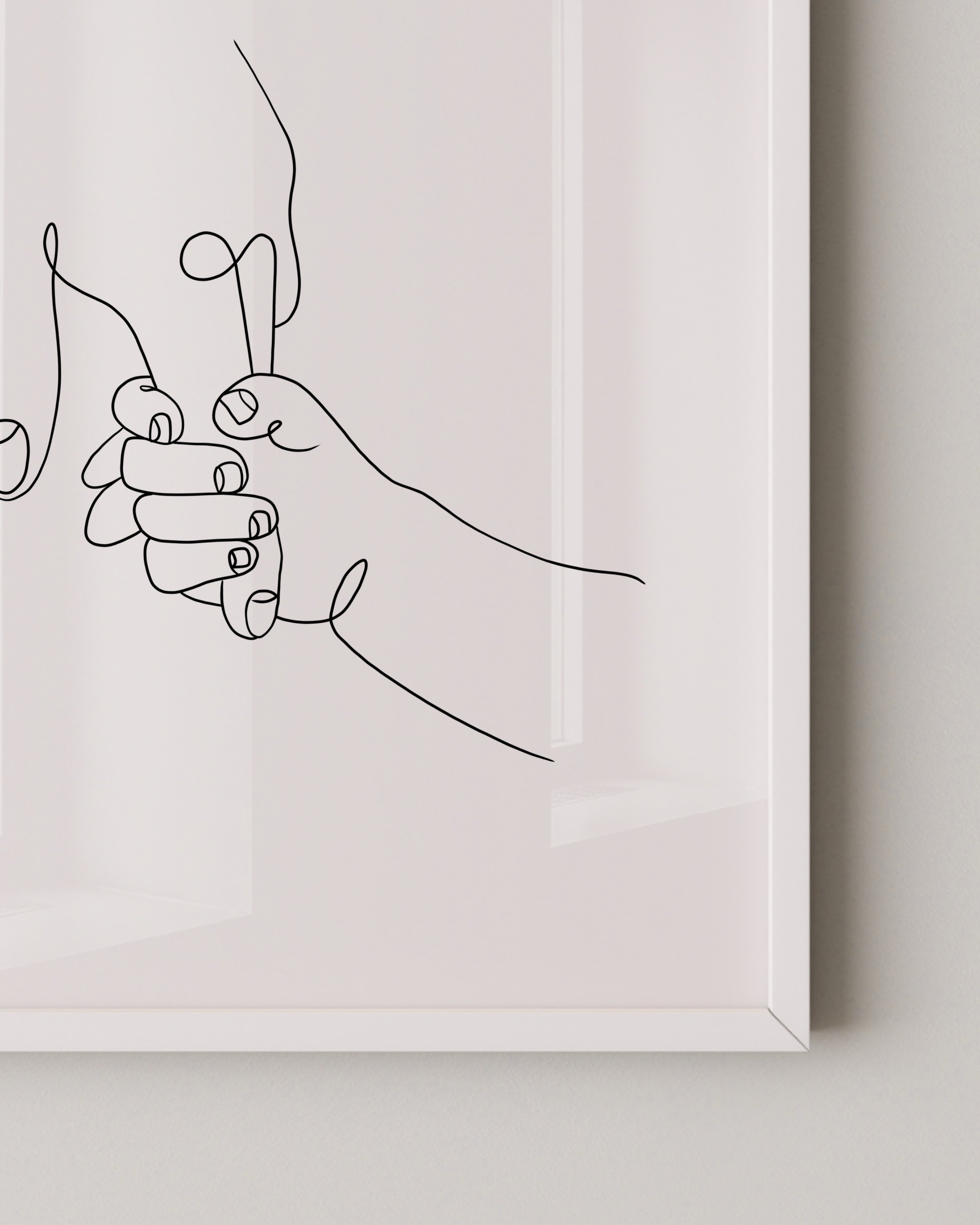 Minimalist line art of a child holding an adult’s finger, symbolizing family connection and love.