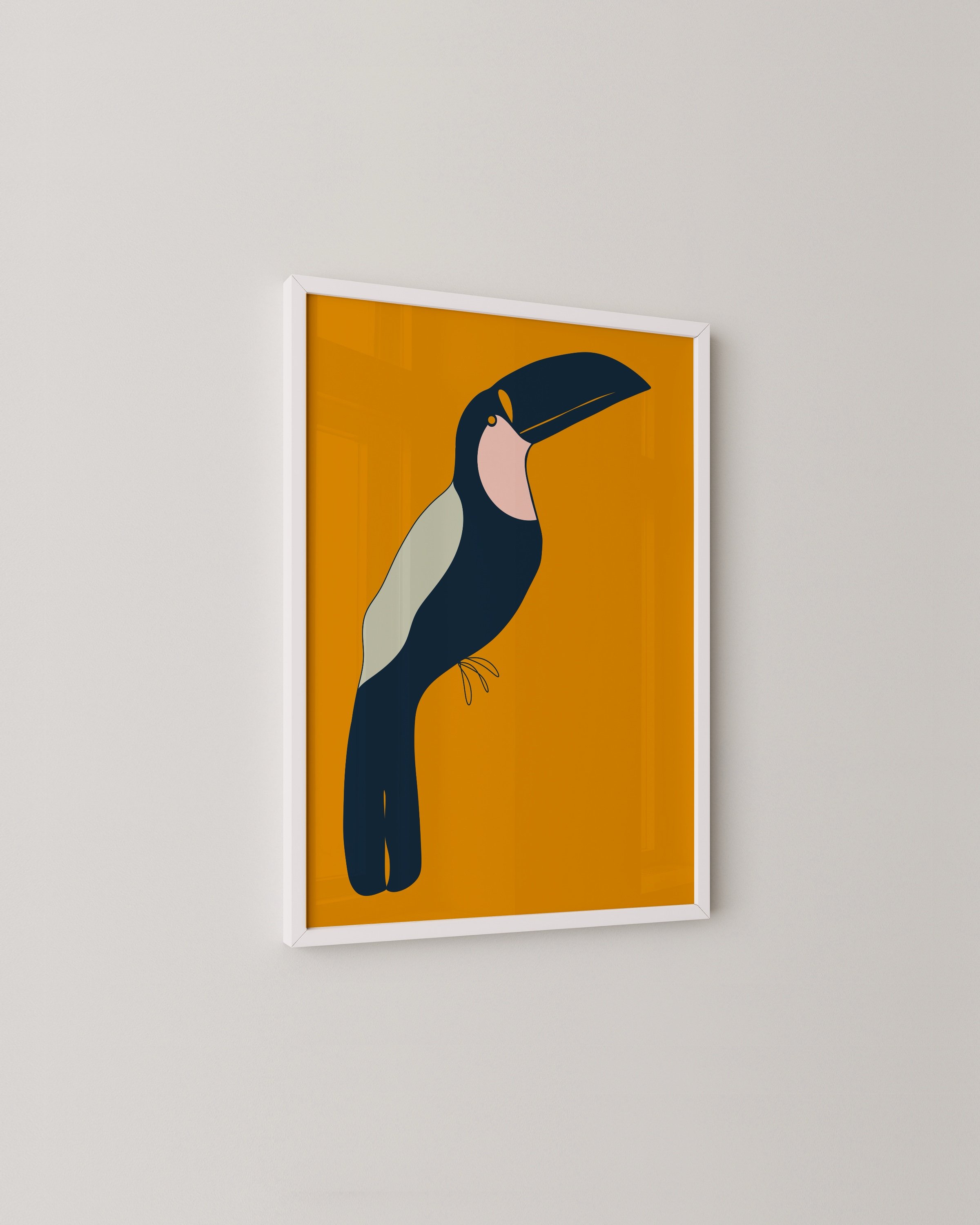 Bold toucan art print with a striking navy and pink toucan against a vibrant orange background, perfect for tropical or kids’ room decor.