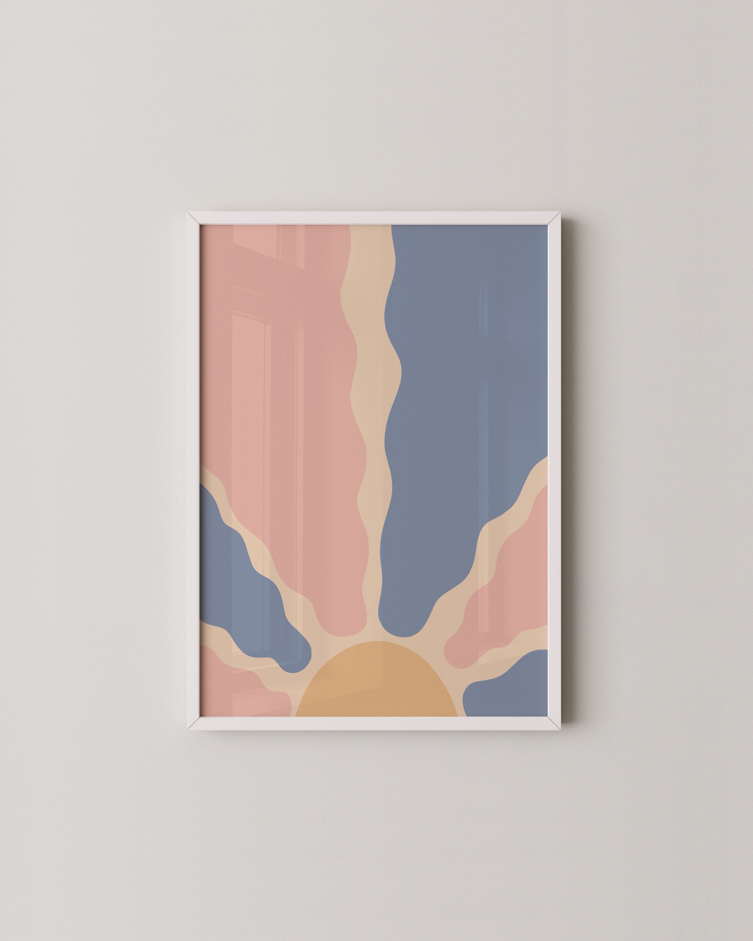 Three boho pastel printable art pieces: a wavy rainbow, a sunburst with soft rays, and birds flying over umbrellas in pink, beige, and blue tones.