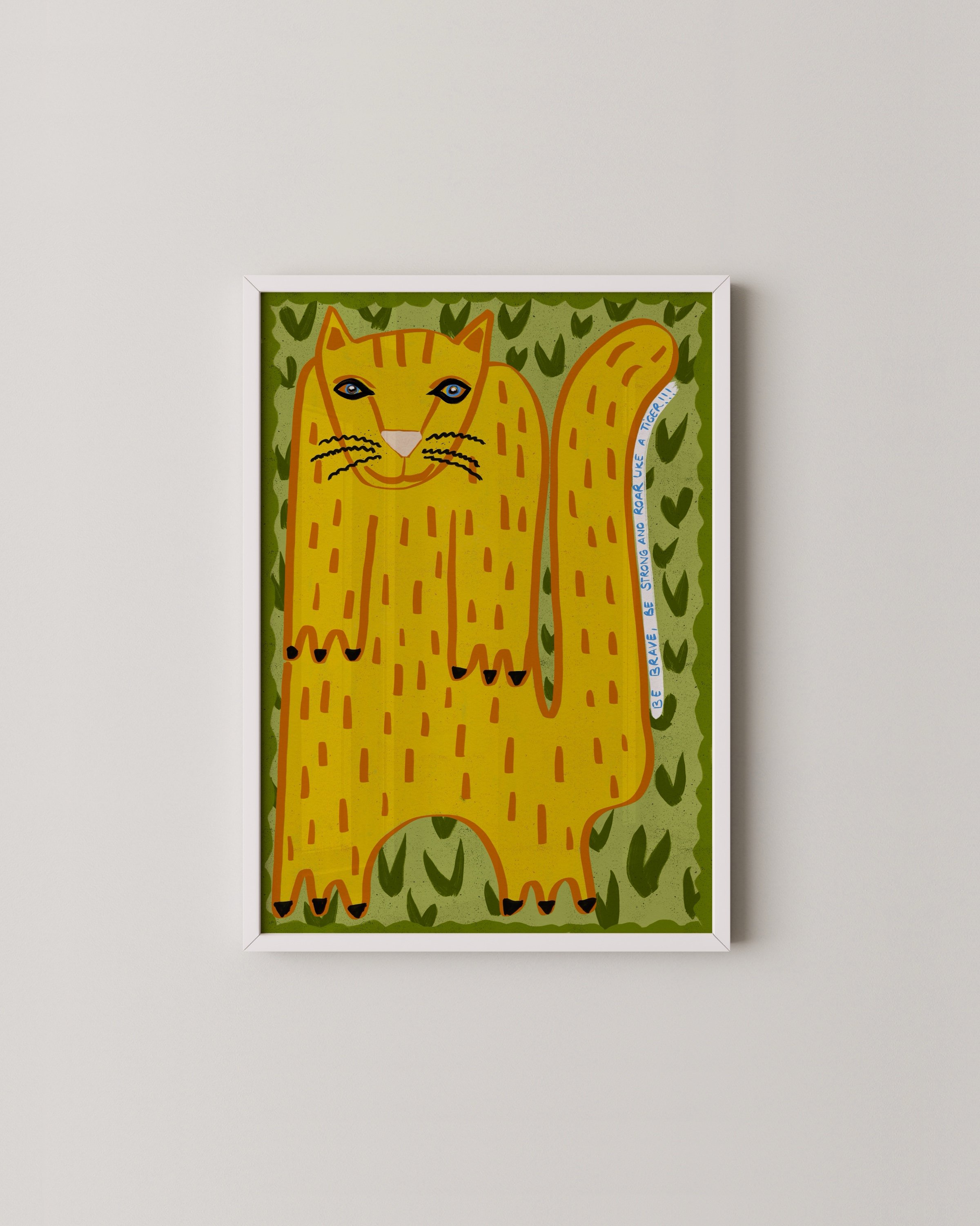 tiger-inspired cat illustration in bold yellow and green tones with whimsical patterns and playful details.