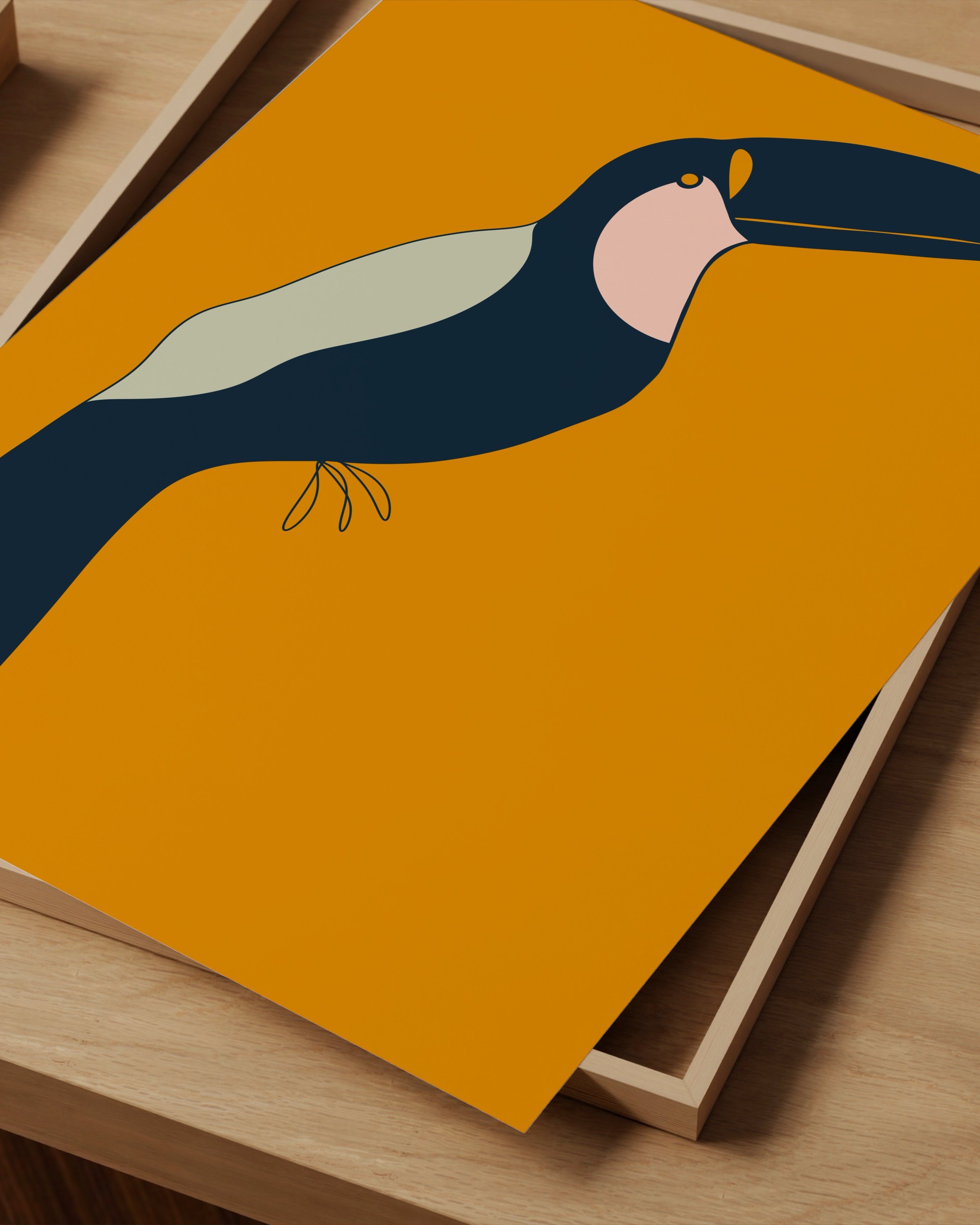 Bold toucan art print with a striking navy and pink toucan against a vibrant orange background, perfect for tropical or kids’ room decor.
